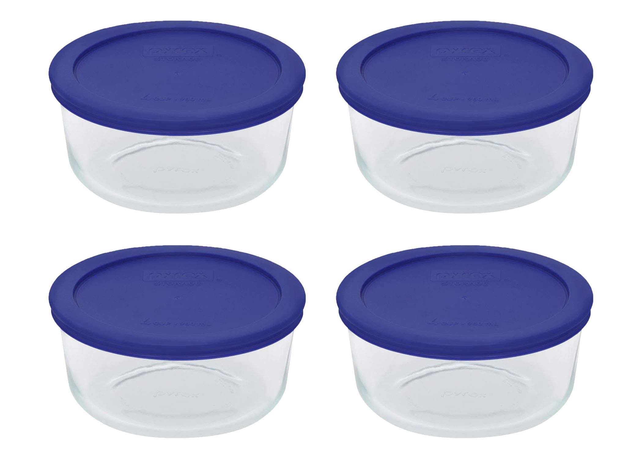 Pyrex Storage 4-Cup Round Dish, Clear with Cadet Blue Plastic Lids, Pack of 4 Containers