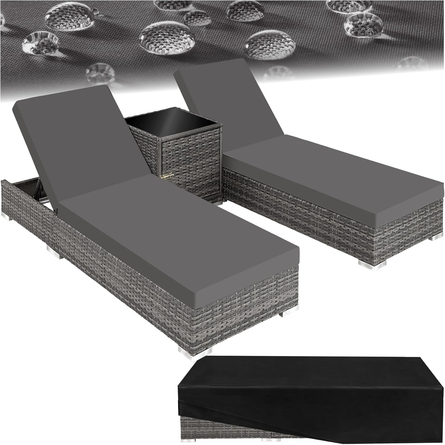 Set 2 chaises longues bain de soleil dossier réglable table aluminium résine tressée housses protection gris