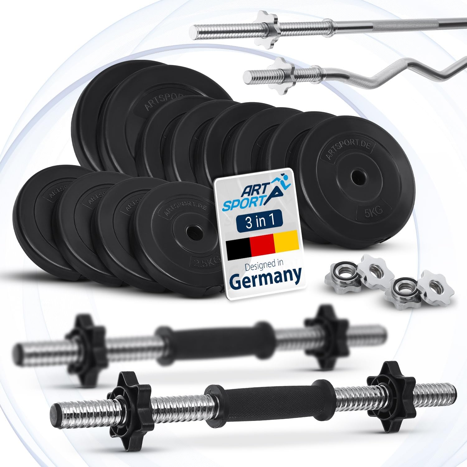Ensemble haltères musculation 3 en 1 60 kg avec barre longue et curl
