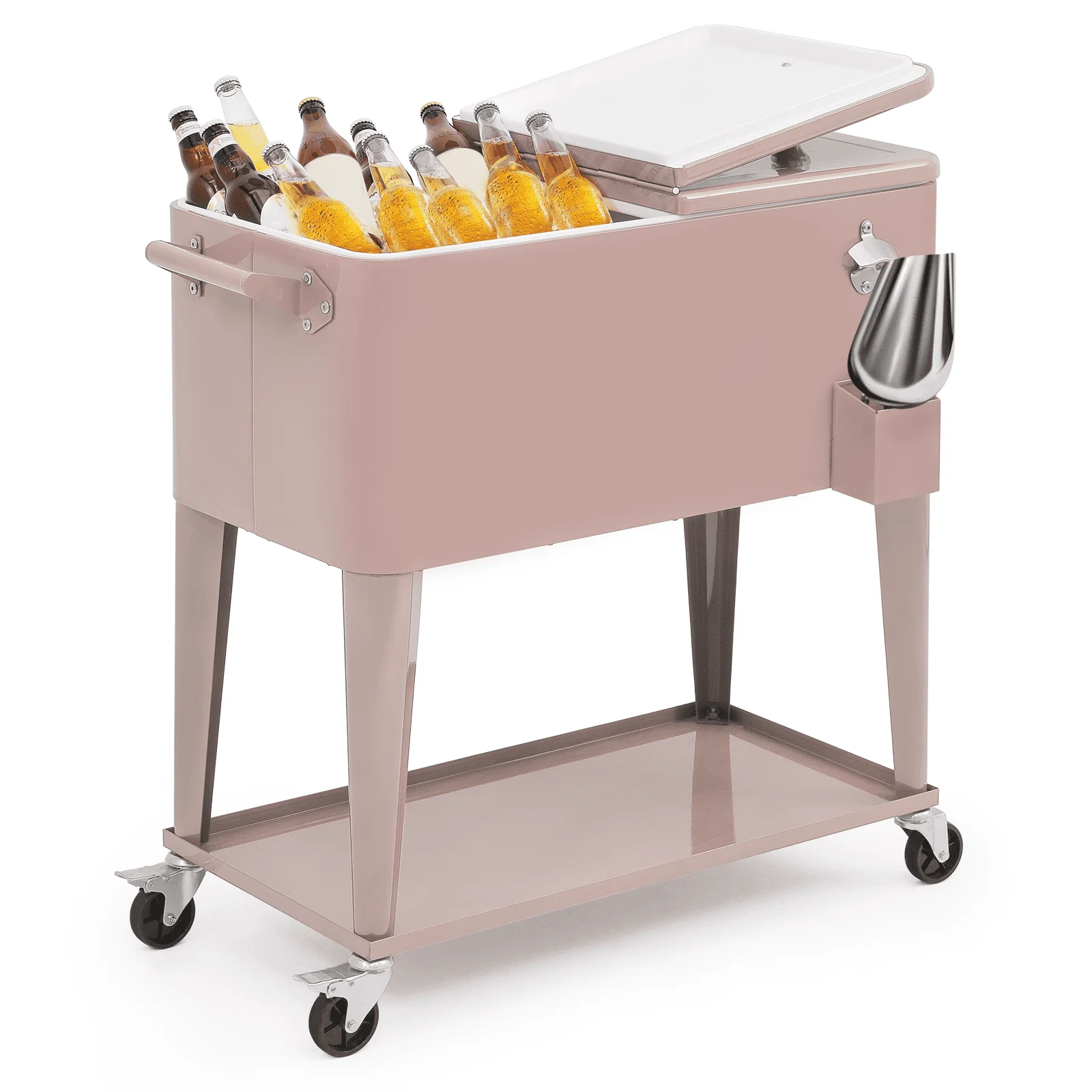 Magshion 80 Quart Rolling Cooler Ice Chest, Portable Bar Cold Drink Beverage Cart Tub, Backyard Cooler Trolley on Wheels with Ice Scoop, Catch Tray & Bottle Opener, Pink