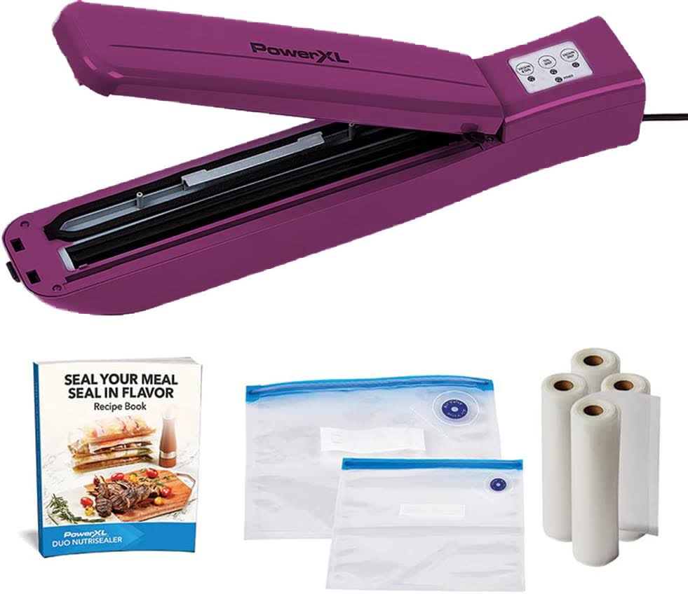 PowerXL Duo NutriSealer Food Vacuum Sealer Machine with Vacuum Seal Bags & Rolls, Double Airtight Sealing with Built-In Cutter Remanufactured, Purple