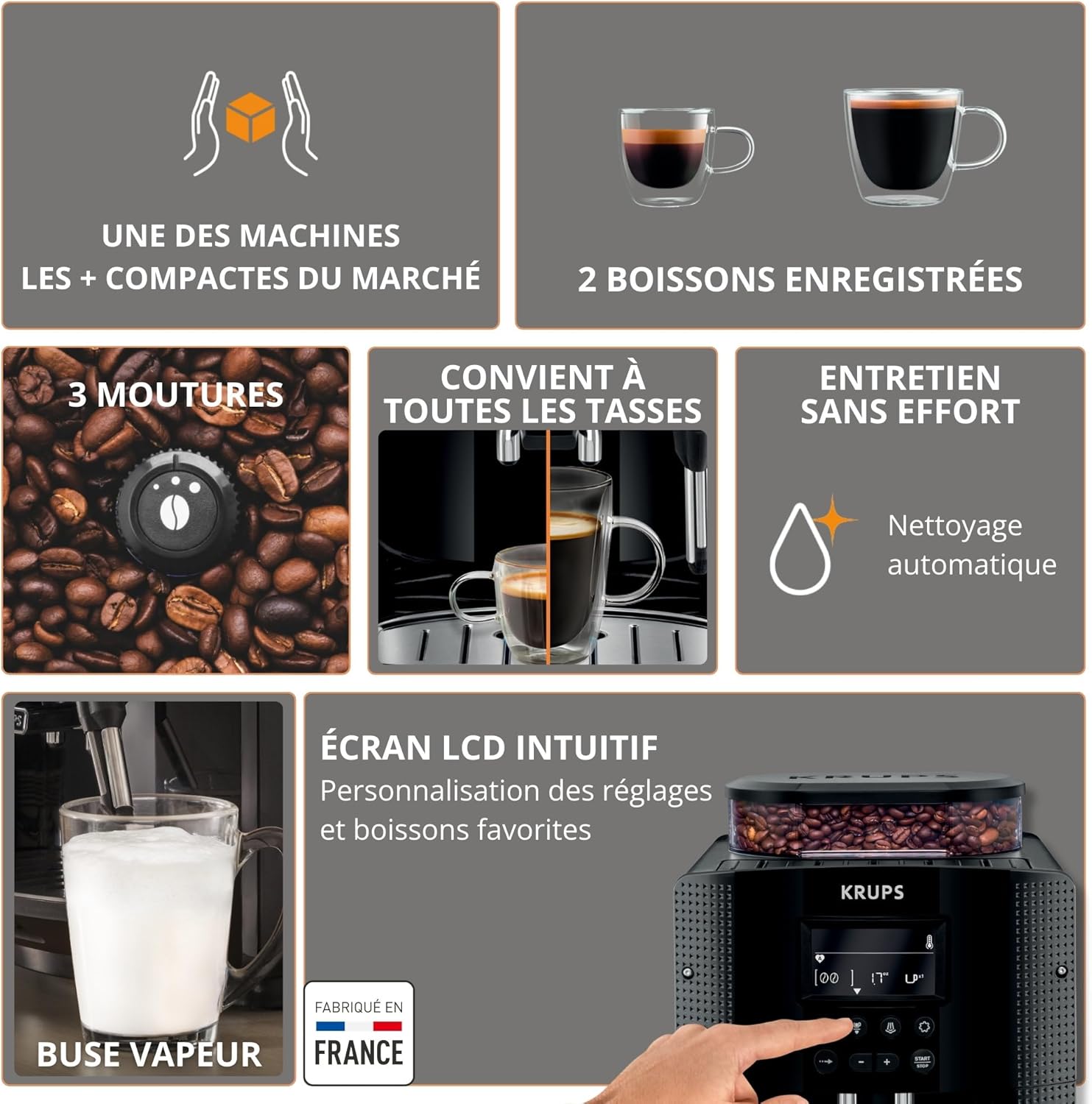 Machine café grains 17 L expresso buse vapeur cappuccino 2 tasses Essential noir