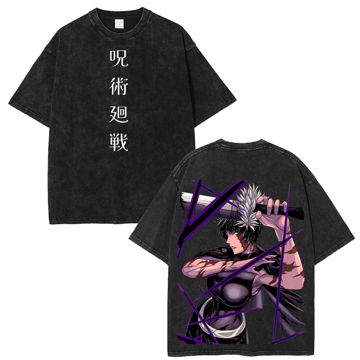 Vintage Wash Tee Jujutsu Kaisen Maki Anime Washed T-Shirt Split Soul Katana Graphic Shirt