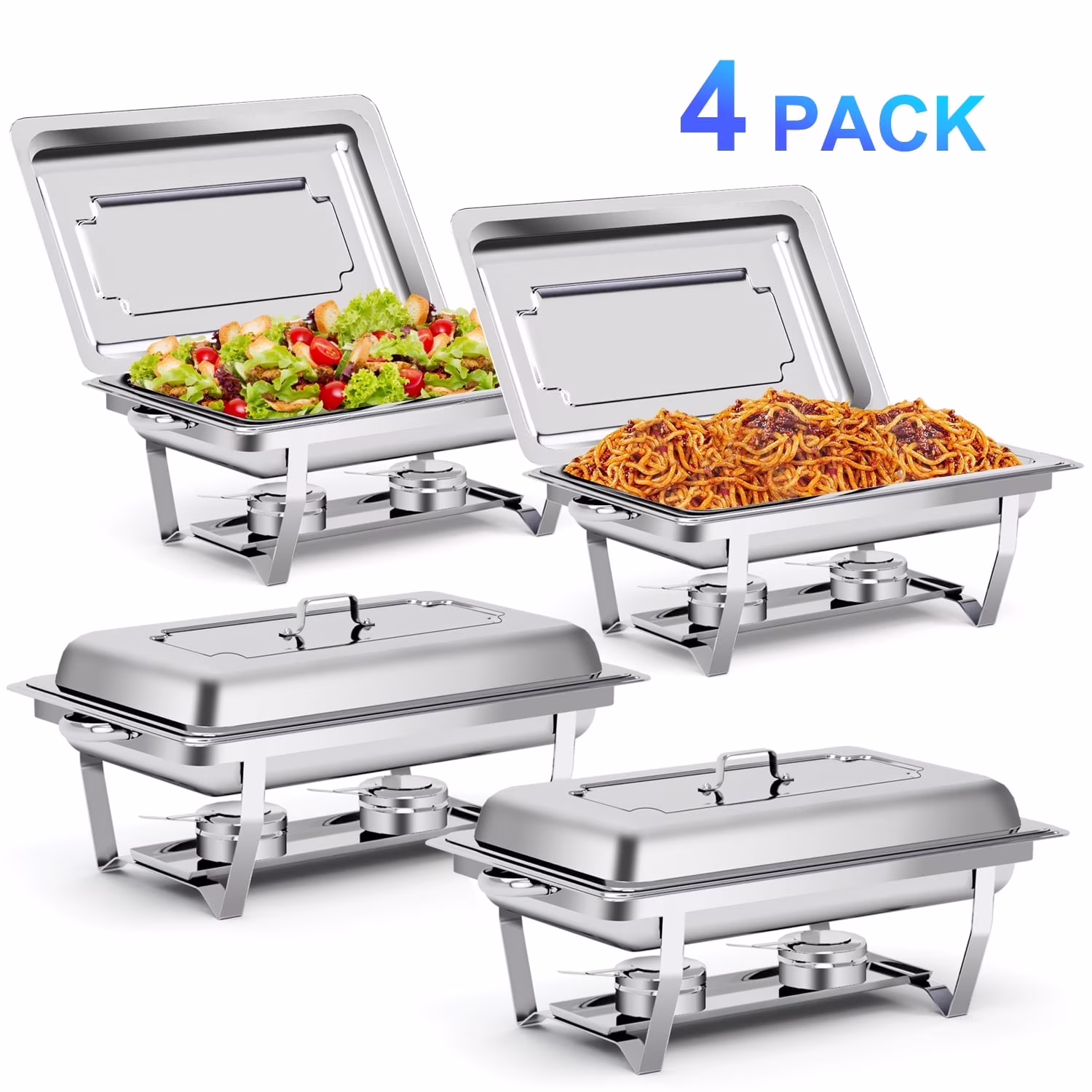 Bluebow 4 Pack Chafing Dishes for Buffet Set, Stainless Steel Catering Chafer, Serving Food Warmer with Lids, Food & Water Pans & Fuel Holders