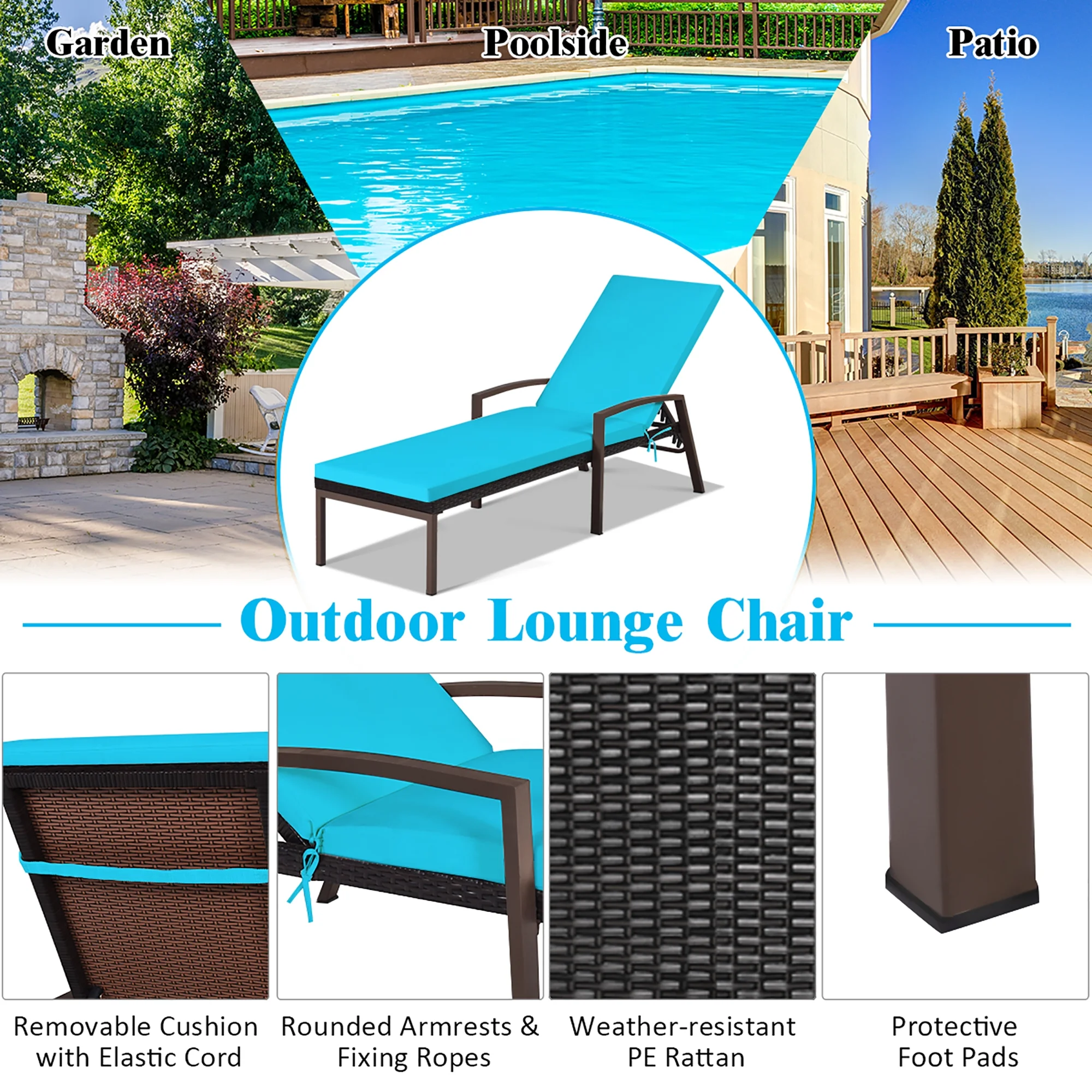Costway 2PCS Patio Rattan Lounge Chair Chaise Recliner Back Adjustable Cushioned Red