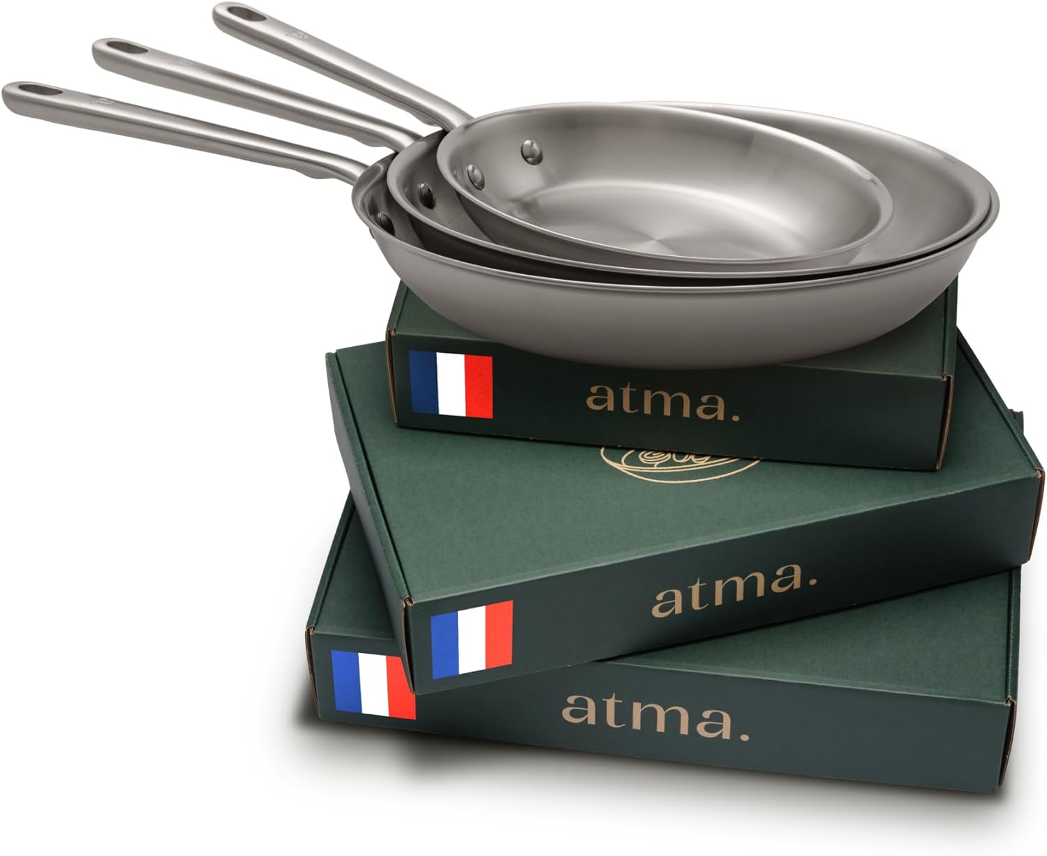 Set 3 poêles inox triple couche 20 26 28 cm manche riveté sans PFAS compatible tous feux four