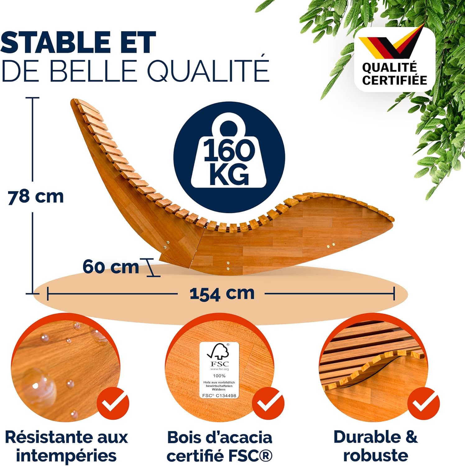 Lot 2 chaises longue bascule bois acacia pliables ergonomiques