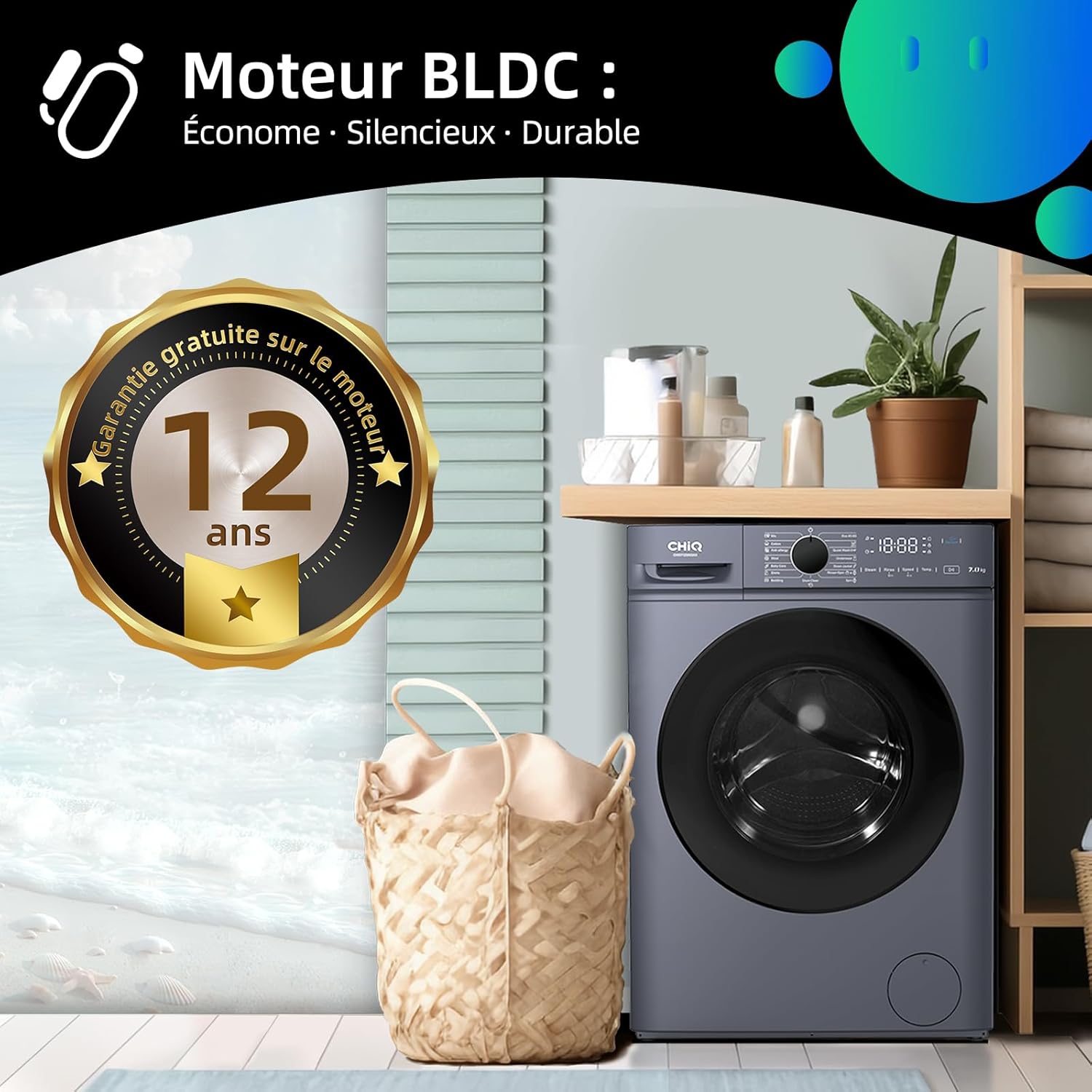 Lave linge hublot 7 kg classe A moteur 1200 rpm lavage vapeur rapide 15 programmes gris