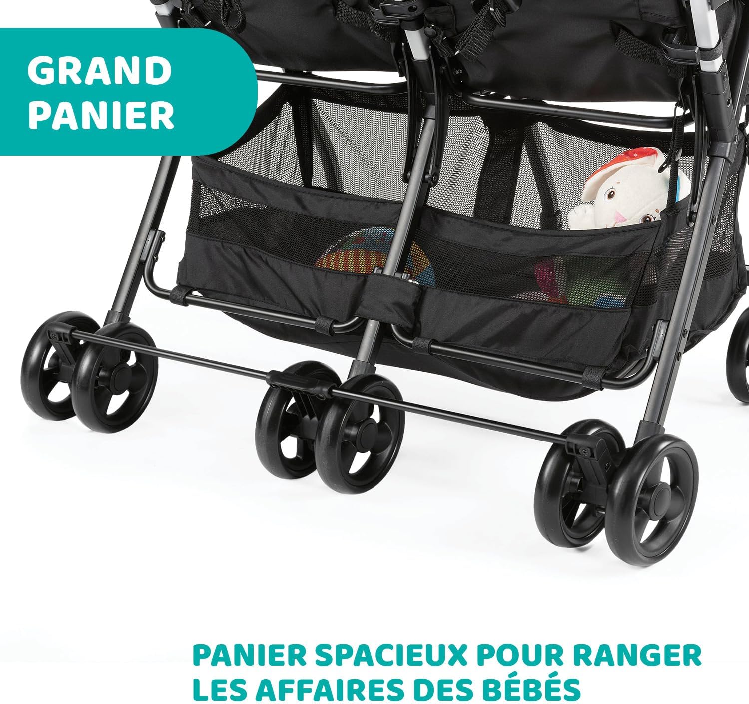 Poussette double tandem Ohlalà inclinable pliable jumeaux jusqu’à 15kg capote extensible noir