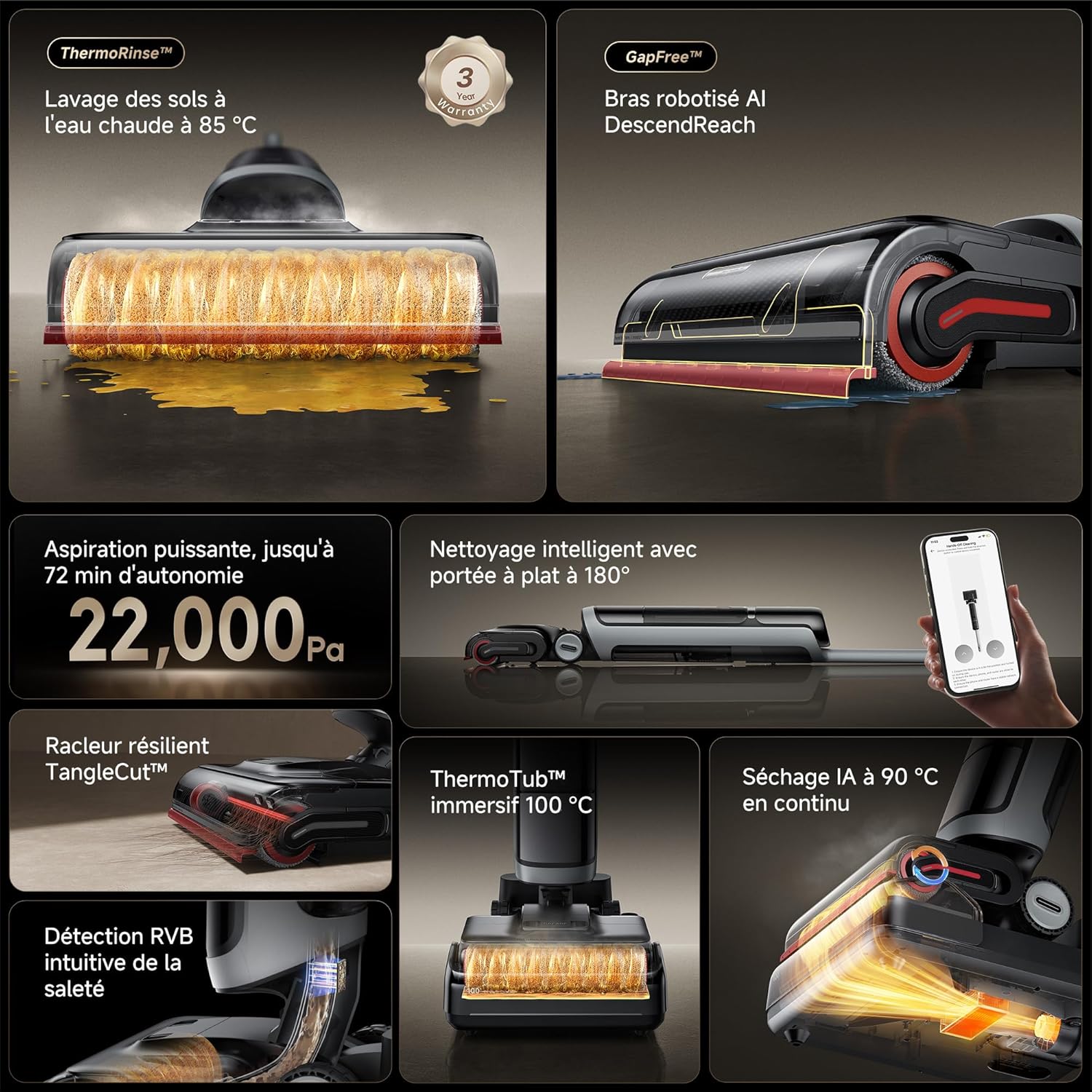 Aspirateur laveur H15 Pro Heat nettoyage sols 85°C bras robotisé IA 22000Pa séchage 5 min contrôle app