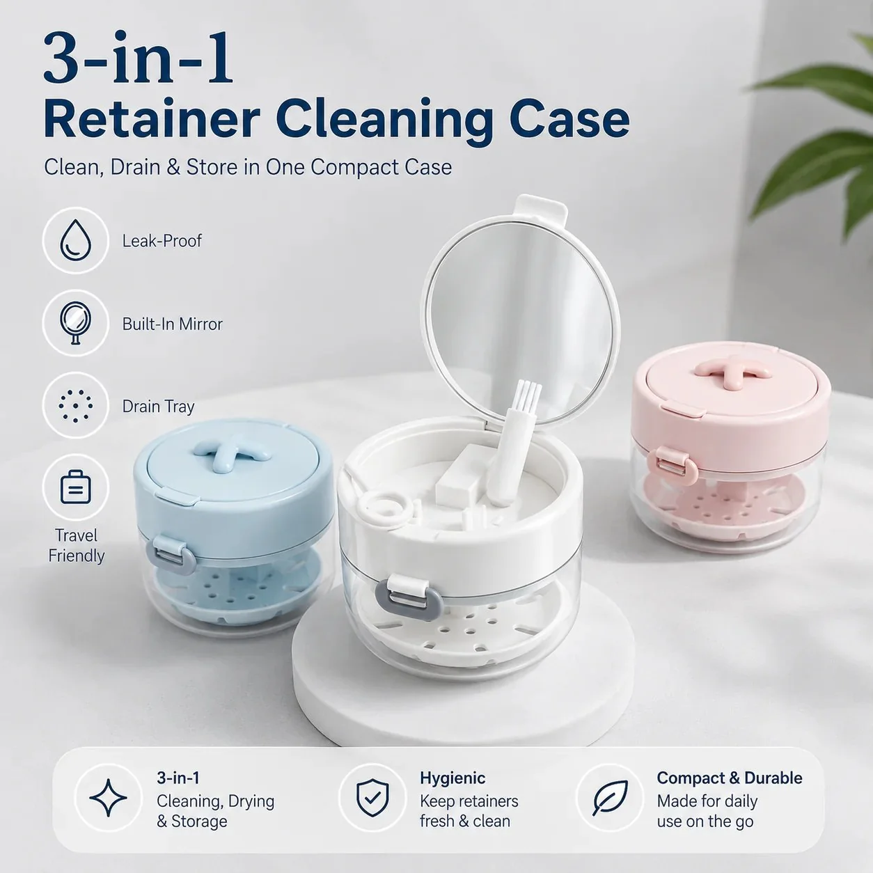 3-in-1 Leak-Proof Retainer Cleaning Case with Mirror, Drain Tray & Travel Storage