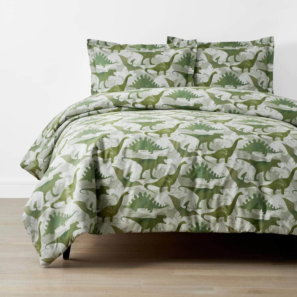 Company Kids Dino World Gray/Green Organic Cotton Percale Twin/Twin XL Duvet Cover Set