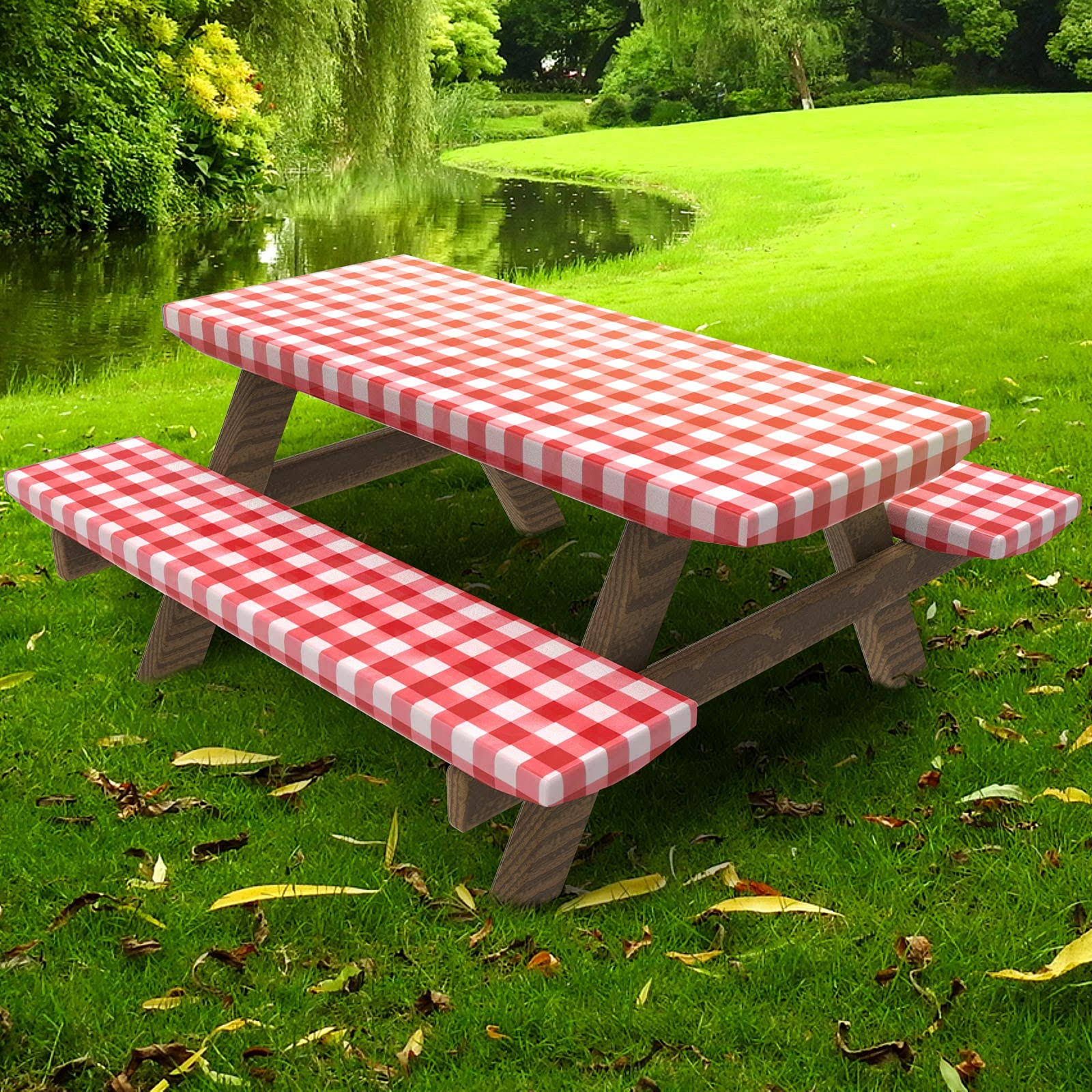 Umineux Picnic Table Cover with Bench Covers Fitted Table Clothes for 6 Foot Rectangle Tables Vinyl Flannel Backing with Elastic Edge -For Outdoor