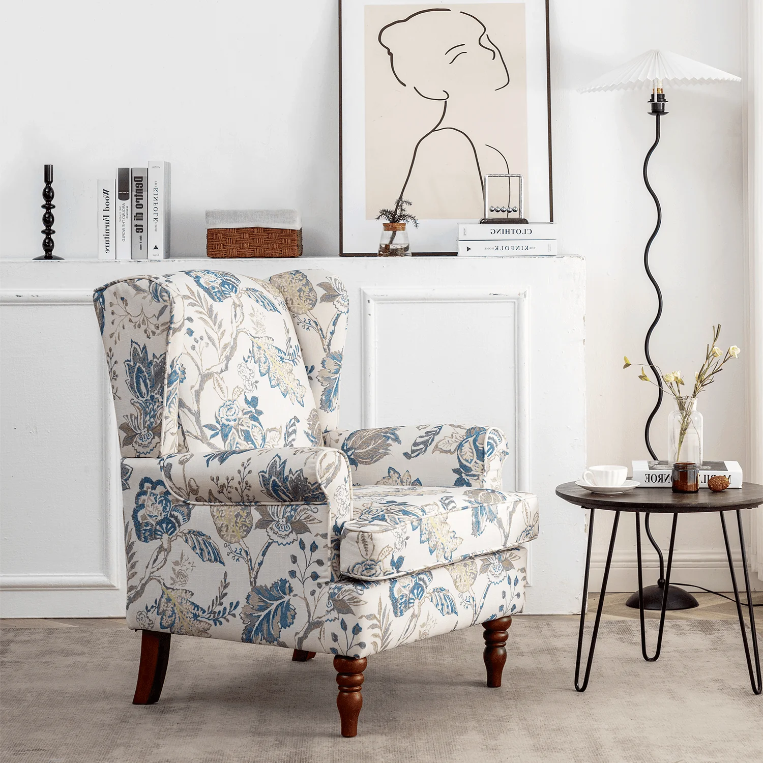 Hommow Upholstered Accent Chair, Floral Print Fabric Armchair, Blue