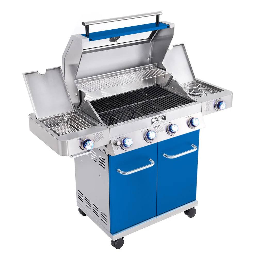 35633 | Blue 4-Burner Propane Gas Grill with Infrared Side Burner