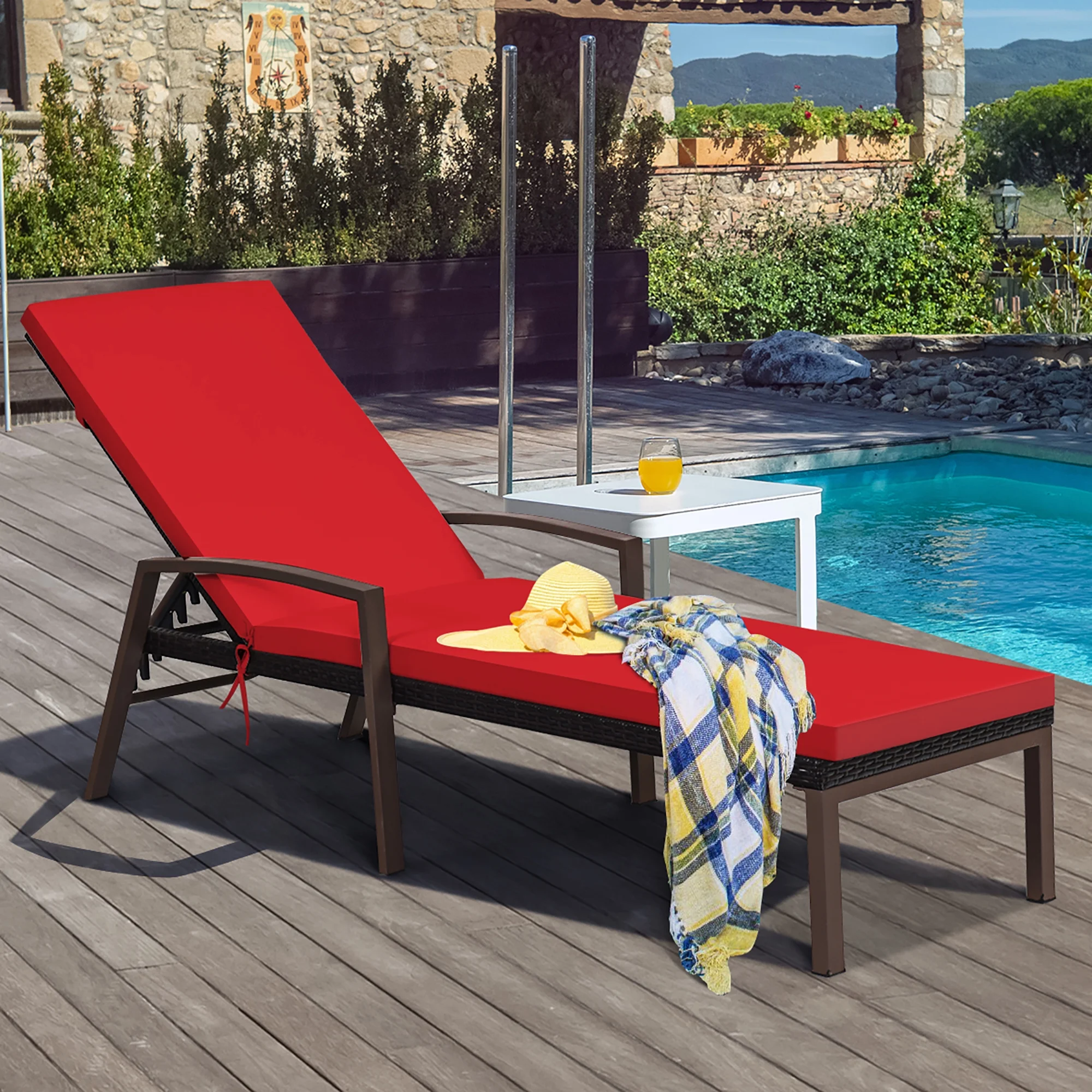 Costway 2PCS Patio Rattan Lounge Chair Chaise Recliner Back Adjustable Cushioned Red