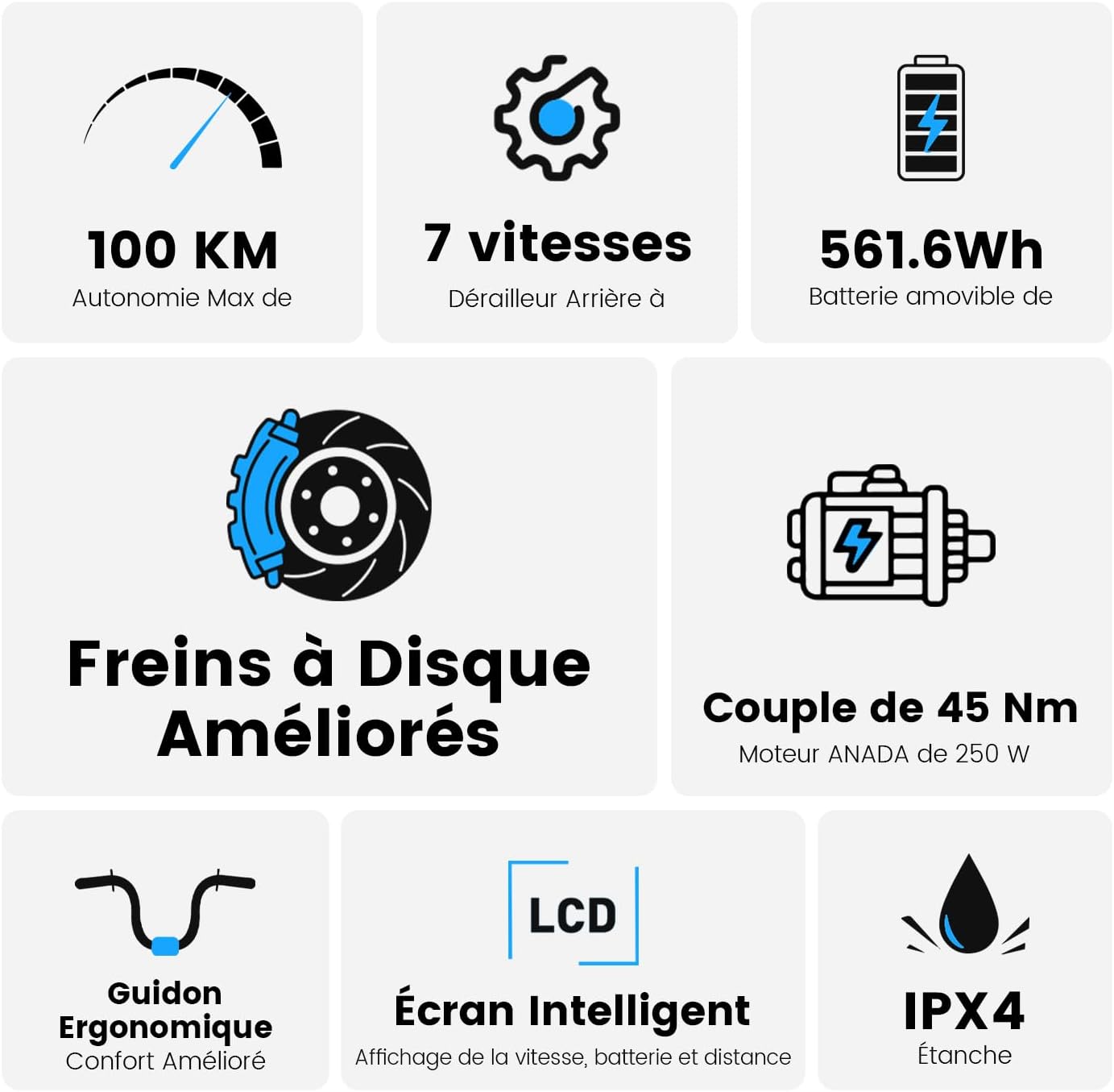 Vélo électrique 27,5 pouces moteur 250 W batterie 36 V 15,6 Ah autonomie 100 km 7 vitesses