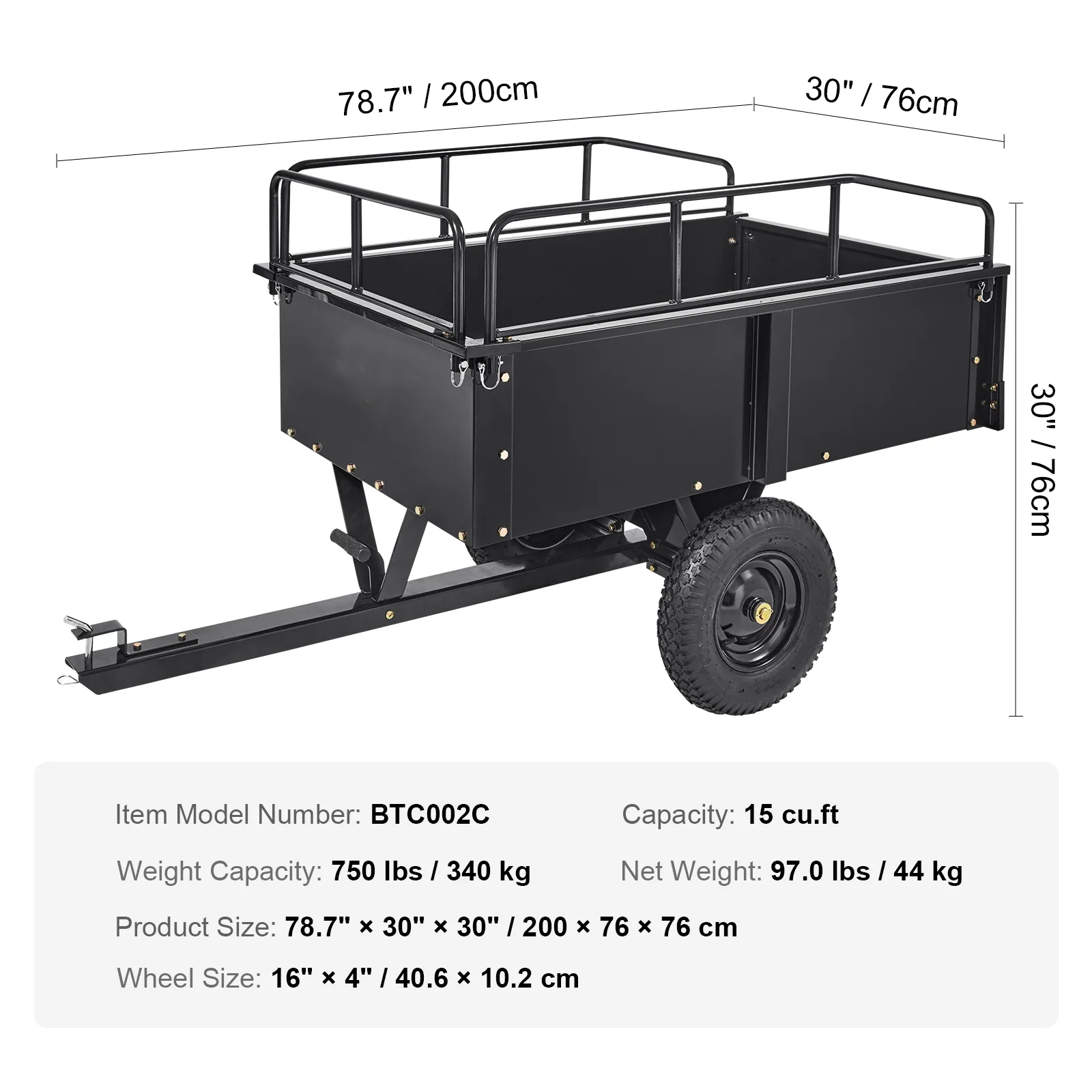 BENTISM Dump Trailer Tow Behind Dump Cart, 750 lb 15 Cu. Ft, Steel Construction Garden Utility Trailer with Removable Sides