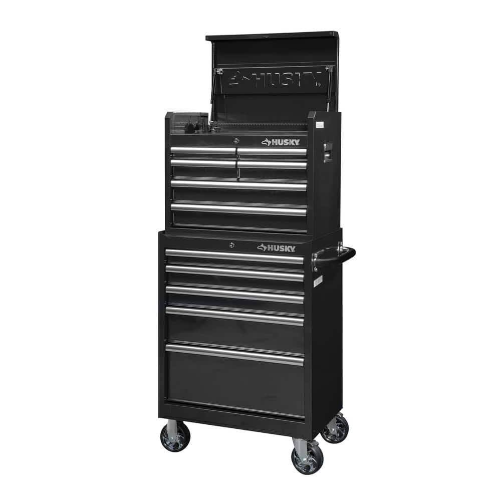 Husky 27 in. W x 18 in. D Standard Duty 11-Drawer Tool Chest Combo and Top Tool Cabinet Combo in Black. Gloss Black-Instock