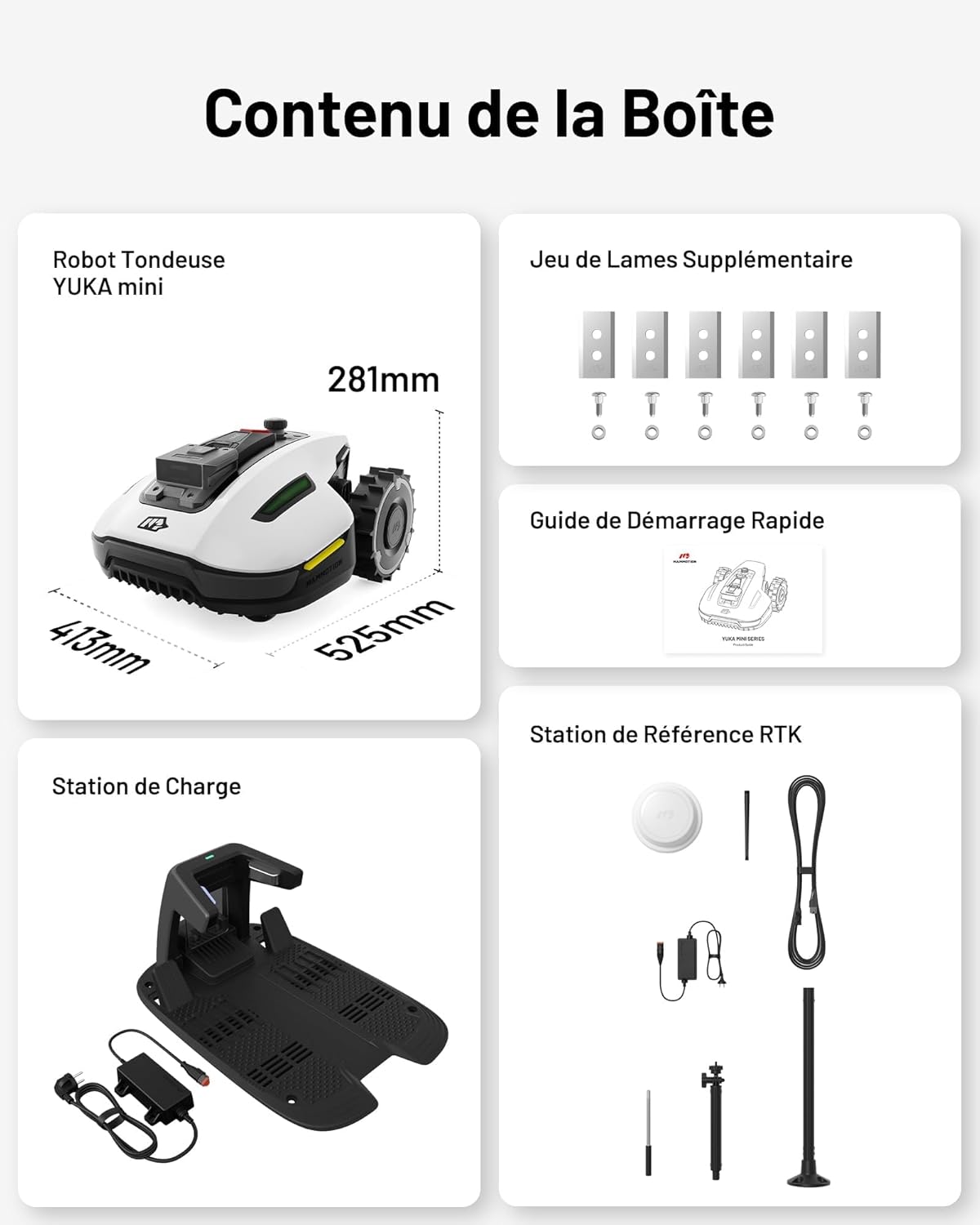 Robot tondeuse YUKA Mini 500 sans fil NetRTK Vision pente 50% cartographie auto module 4G
