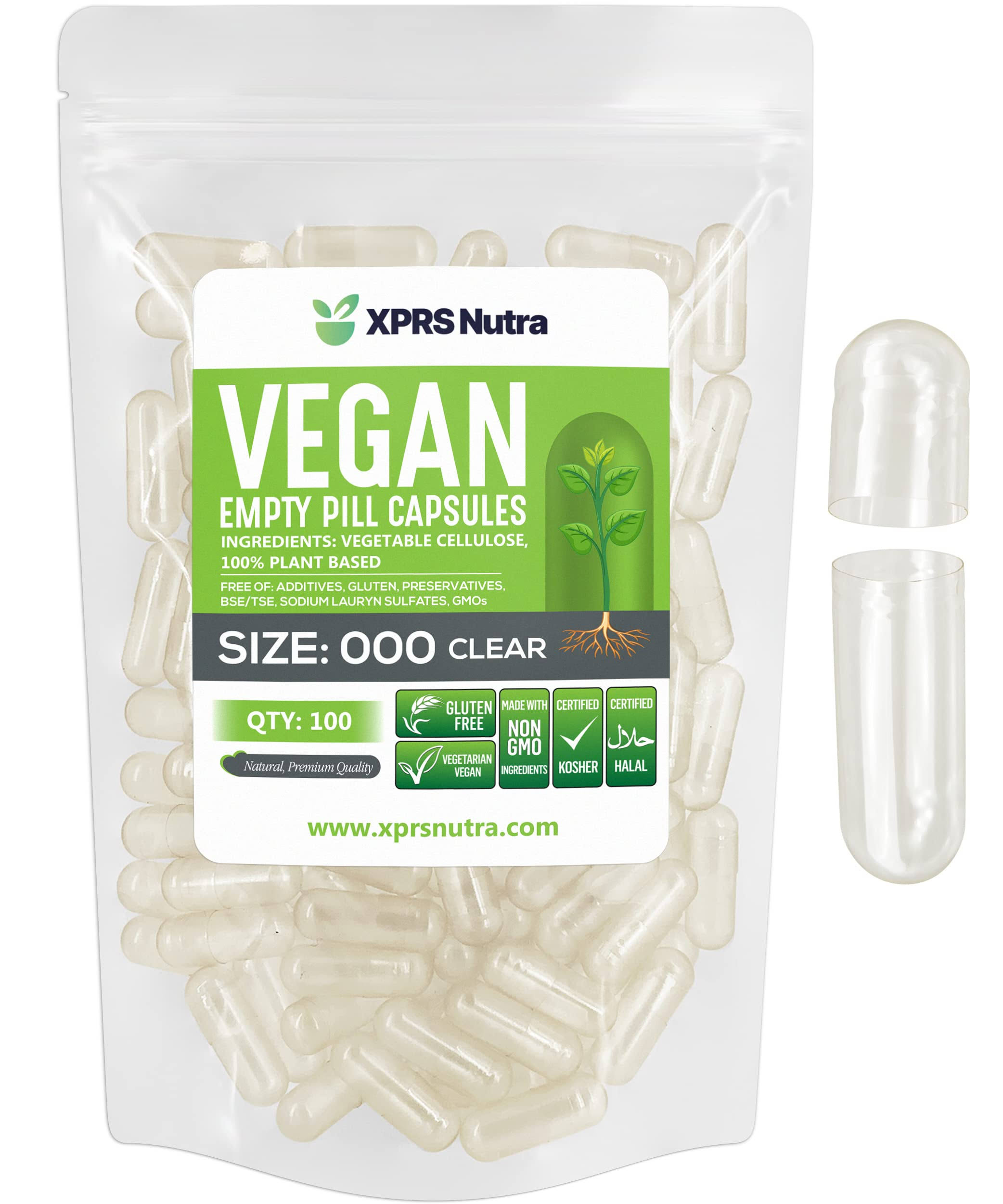XPRS Nutra Capsules Express- Size 000 Clear Empty Vegan Capsules 100 Count - Kosher and Halal - Vegetarian/Vegetable Pill Capsule - DIY Powder Filling