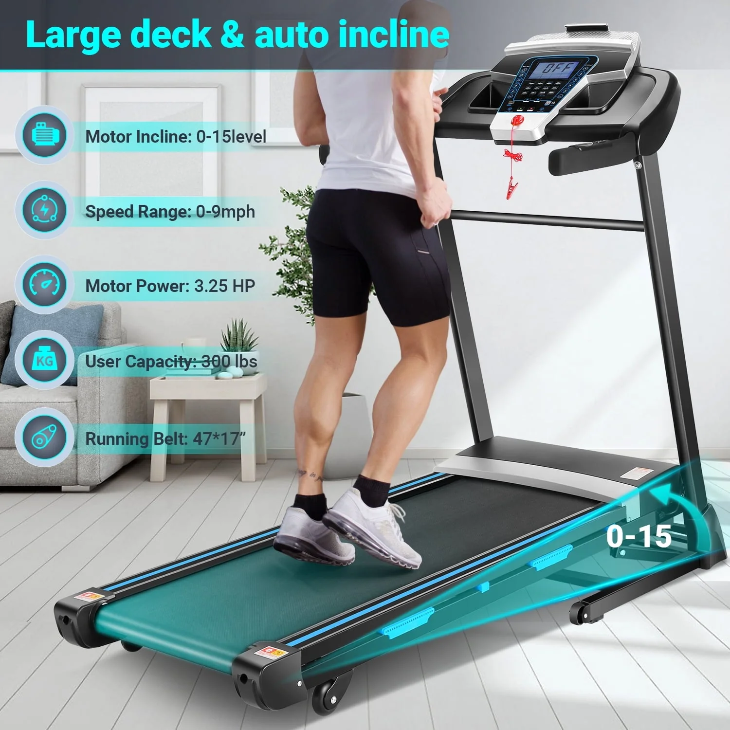 Tikmboex Folding Treadmill with 15% Auto Incline 9.0 Mph Speed 12 Preset Program, Strong 3.25HP Motor Running Machine for Cardio Fitness, Black 300 lb