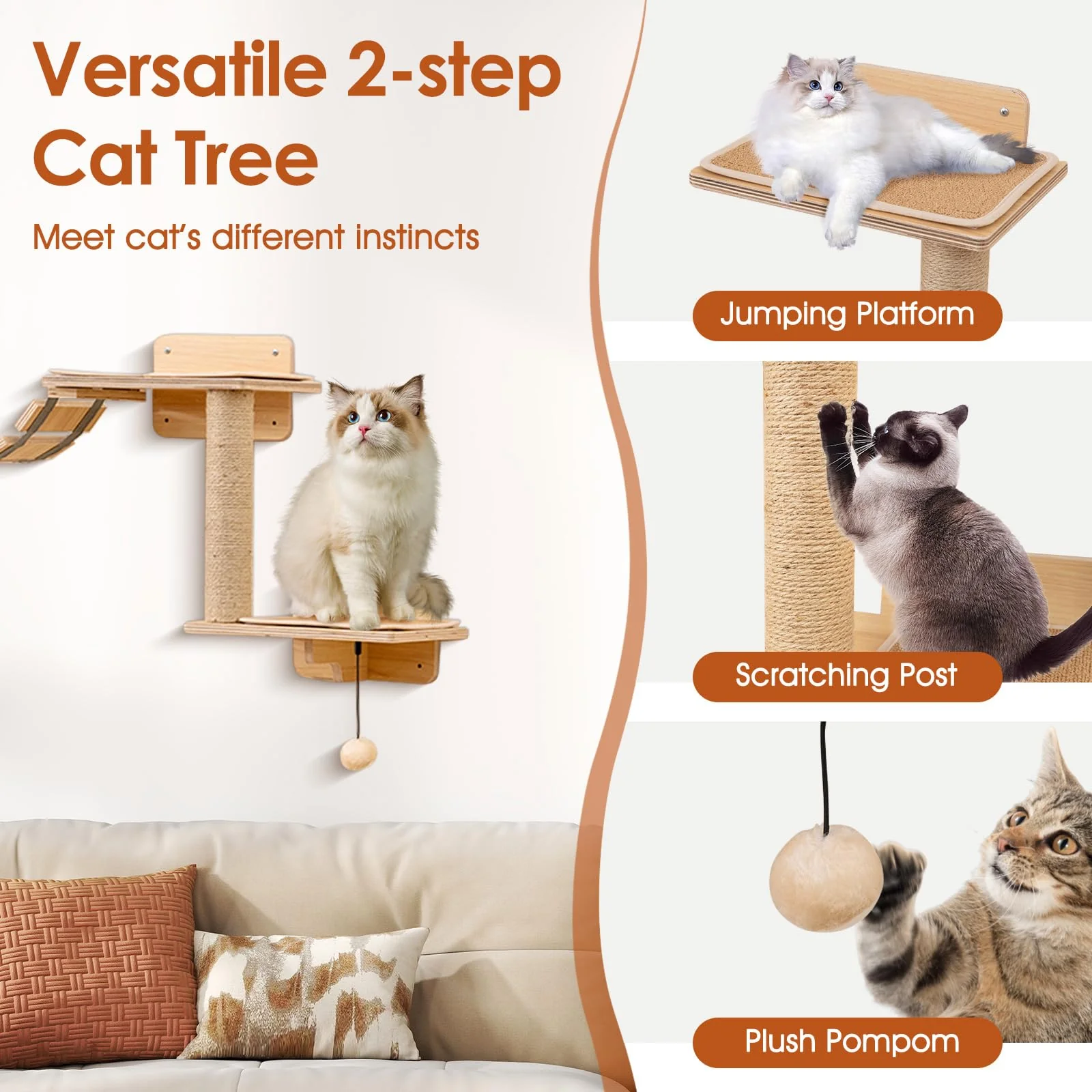 Tangkula Cat Wall Furniture Set Kitten Wall Mounted Shelves with Hammock