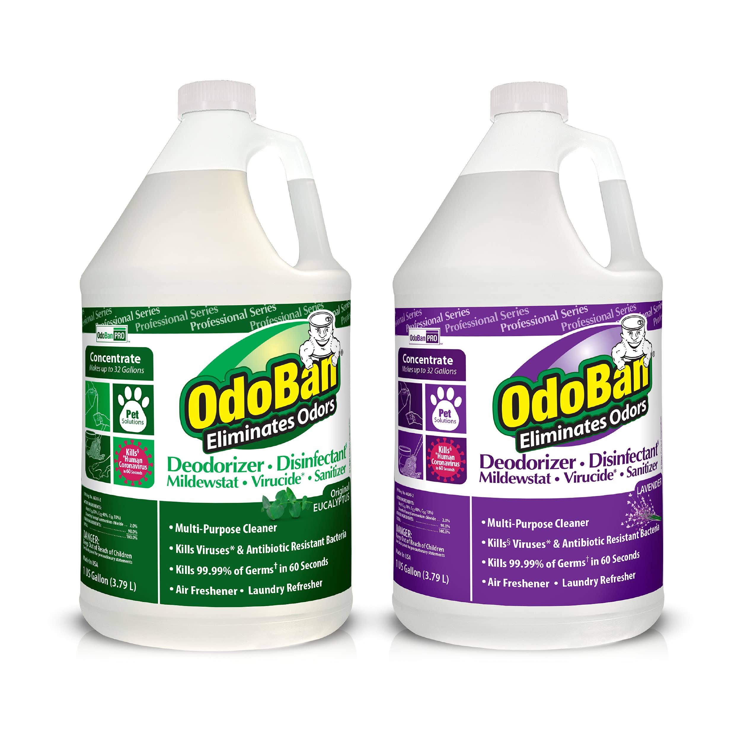 OdoBan Professional Disinfectant and Odor Eliminator Concentrate, 2-Pack, 1 Gallon Each Original Eucalyptus and Lavender Scents