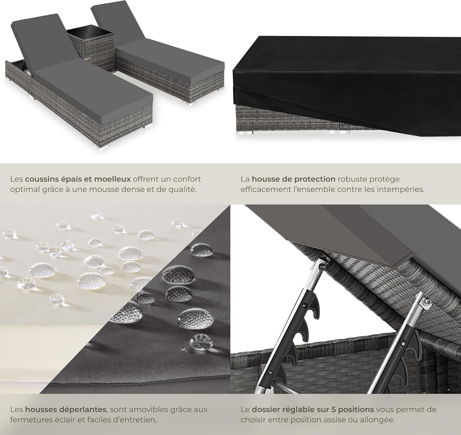 Set 2 chaises longues bain de soleil dossier réglable table aluminium résine tressée housses protection gris