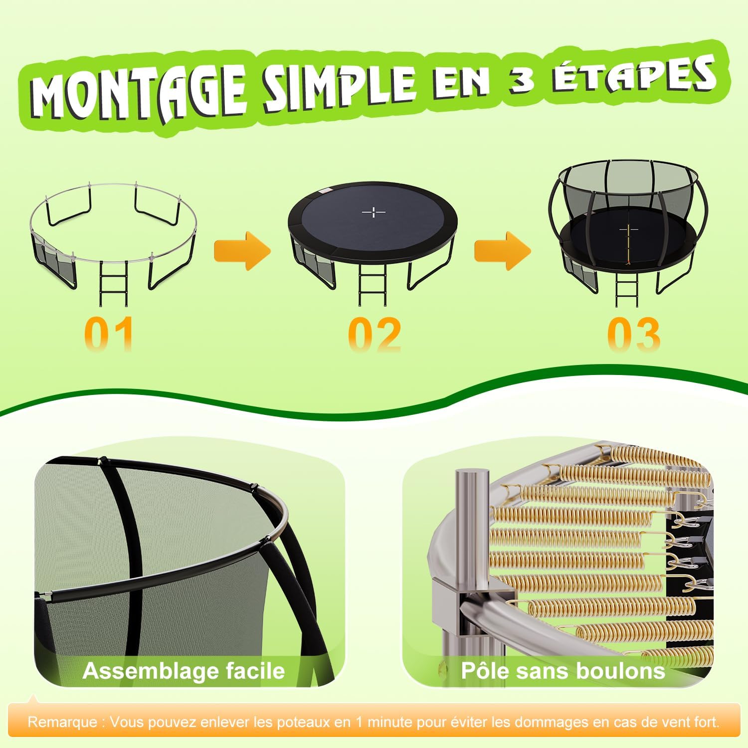 Trampoline extérieur 228 305 366 427 cm filet sécurité charge 150 kg