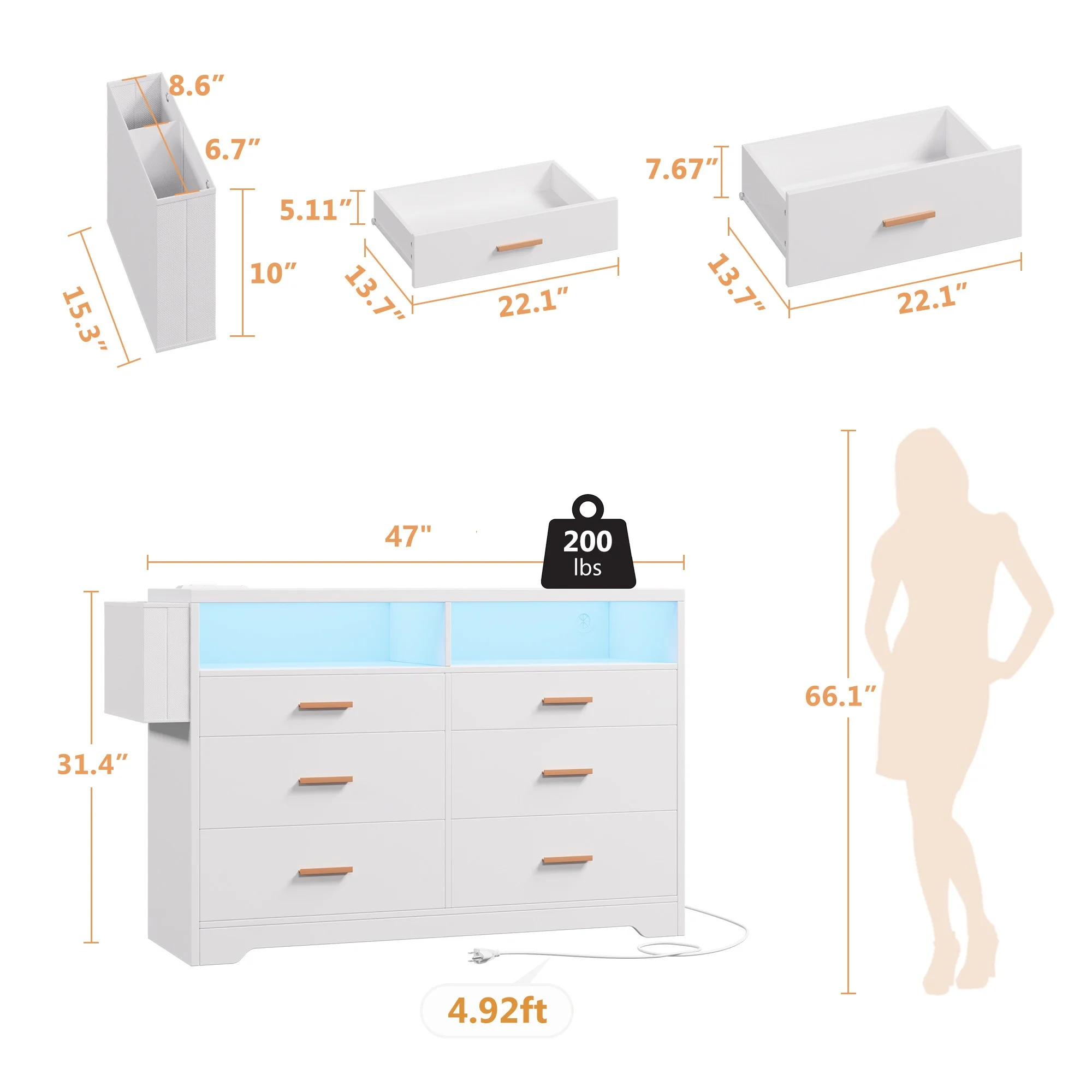 White Dresser for Bedroom, 6 Drawers Dresserwith LED Lights and Charging Station, 47