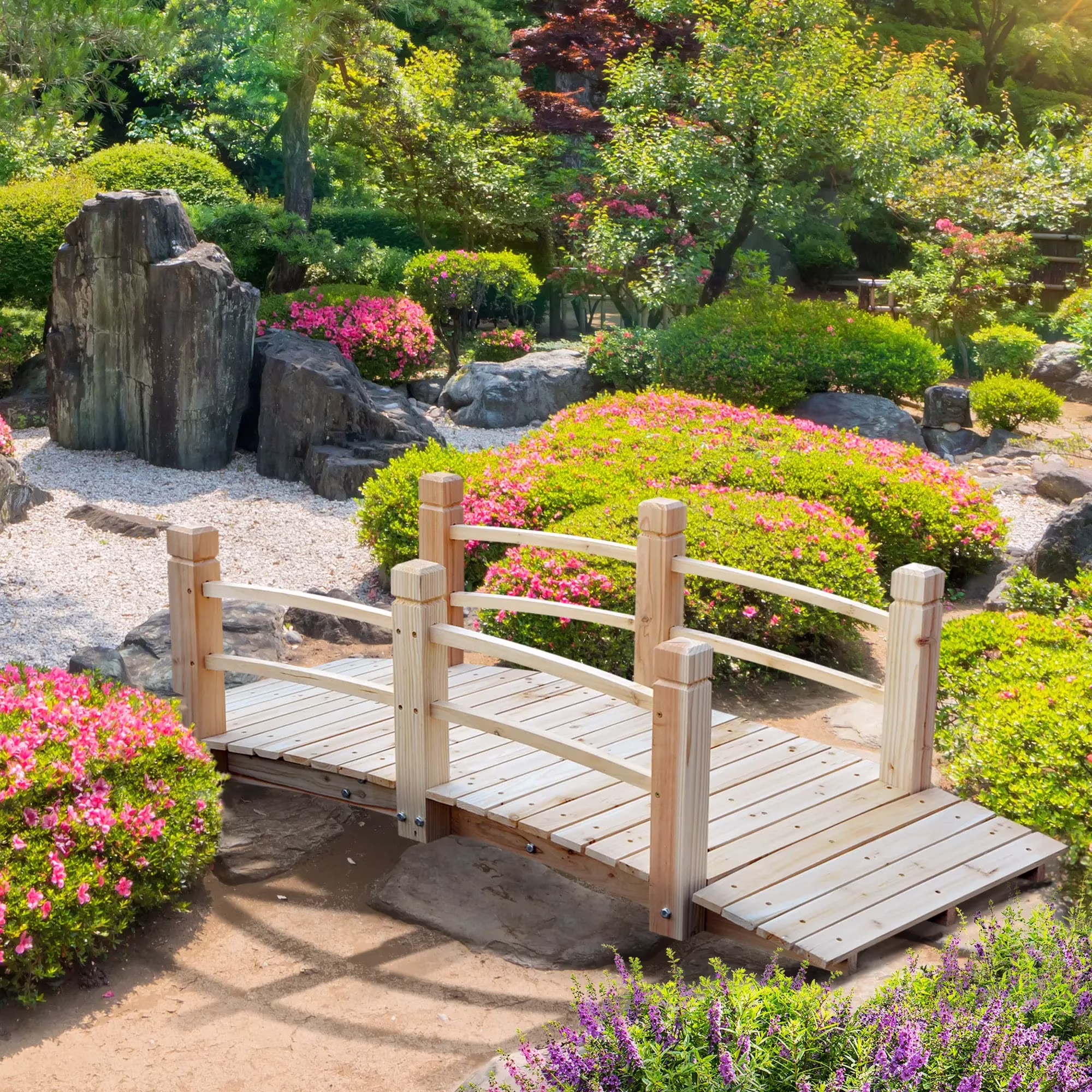 5 Ft Wooden Garden Bridge Arc Footbridge with Railings for Your Backyard, Natural Wood