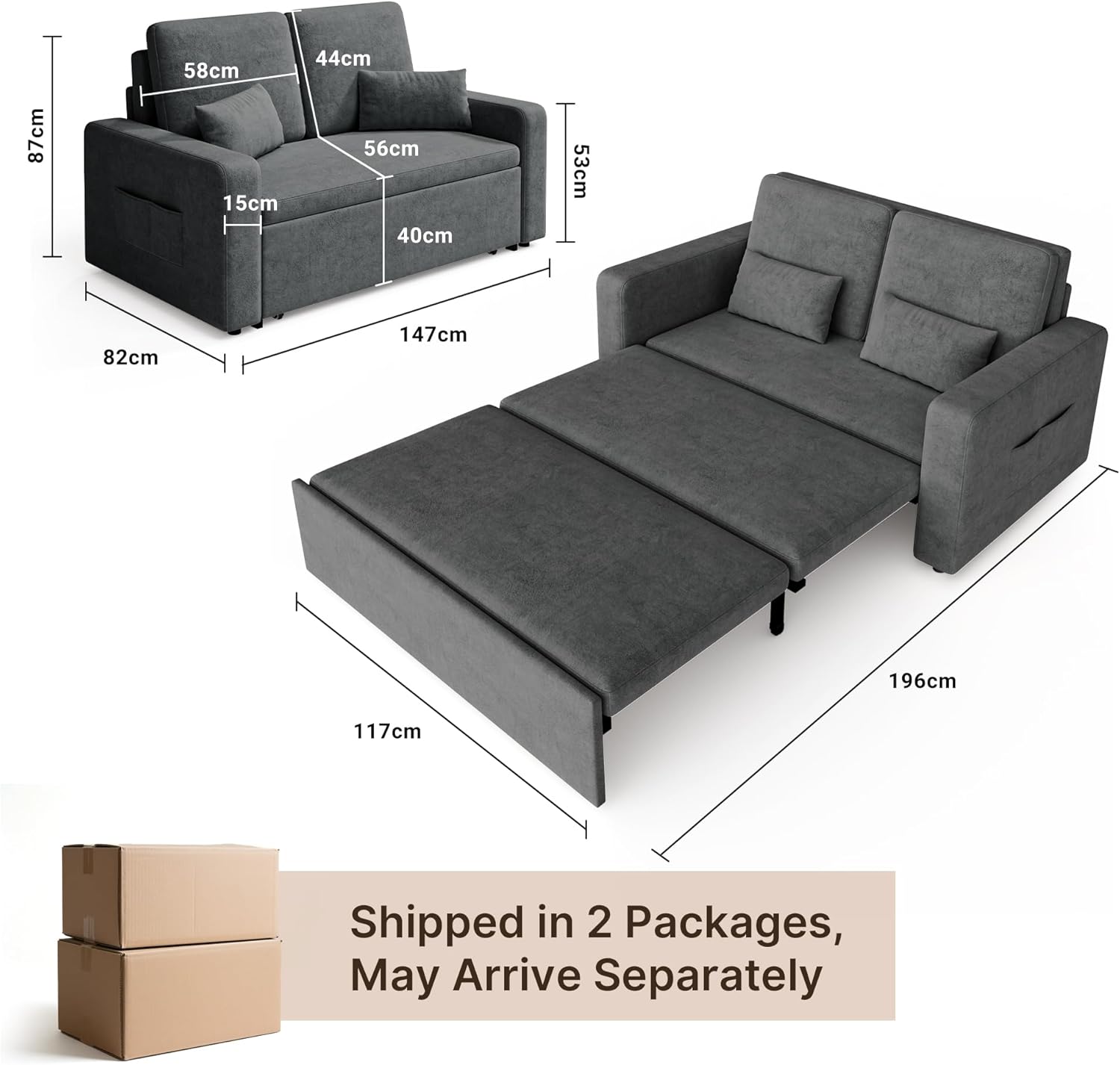 Canapé lit 2 places convertible 147 x 196 x 87 cm velours gris foncé