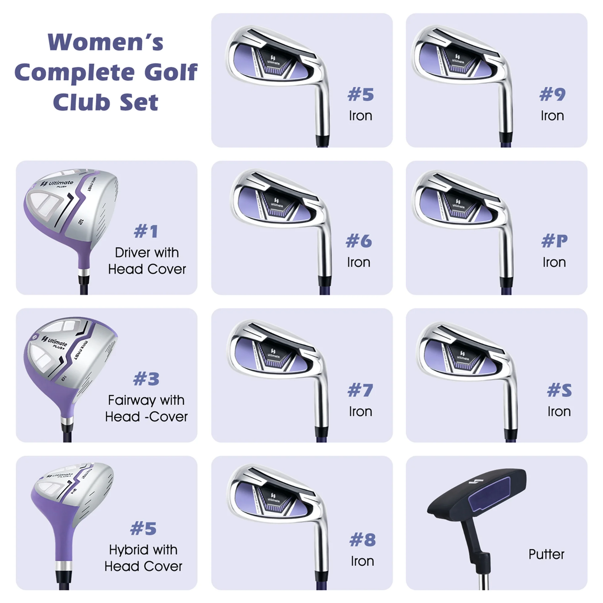 Ultimate Womens Complete Golf Club Set Golf Club Package Set W/ Rain Hood, Right Hand Purple