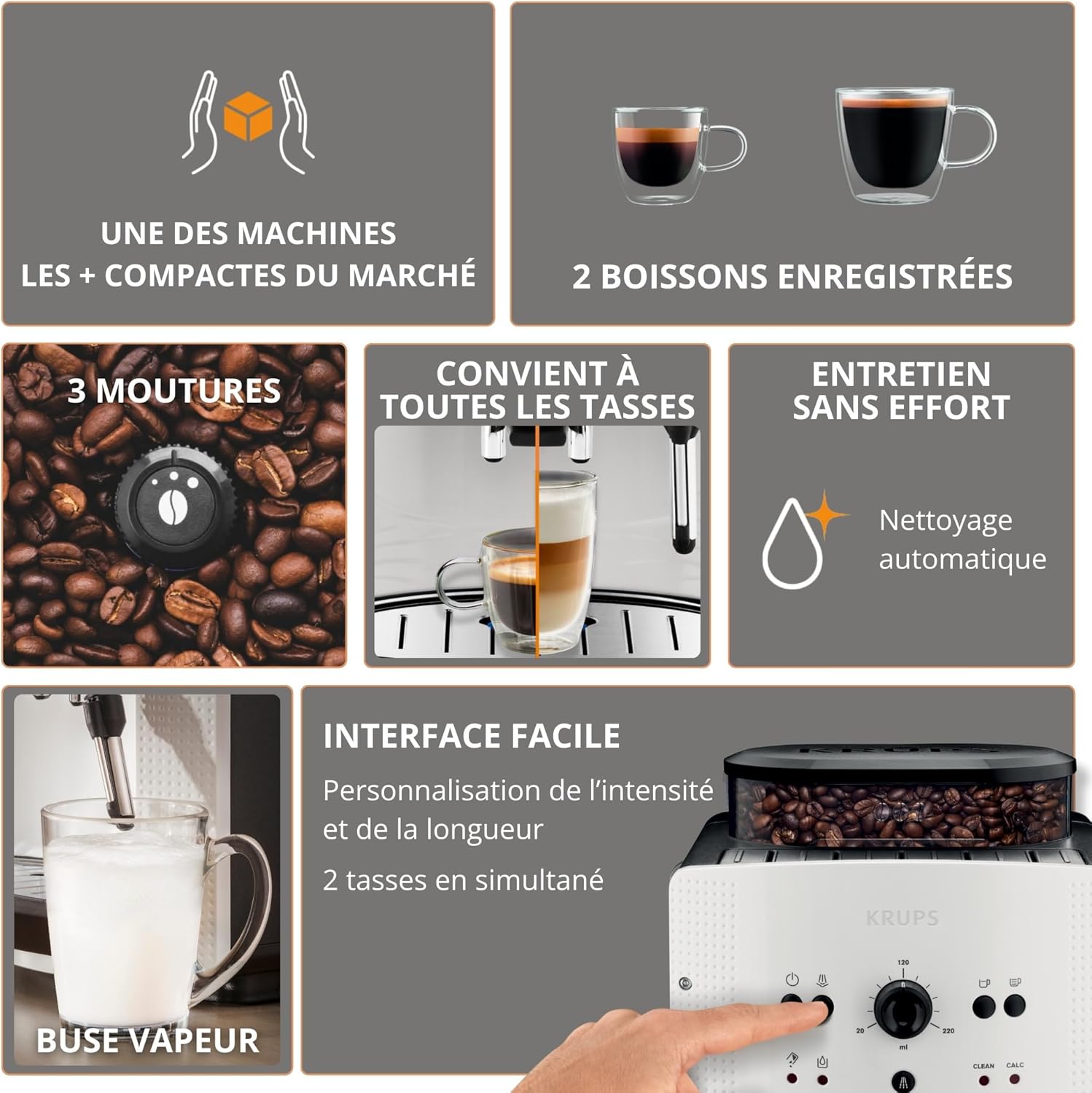 Machine café grains expresso 2 tasses nettoyage auto buse vapeur cappuccino Essential blanche