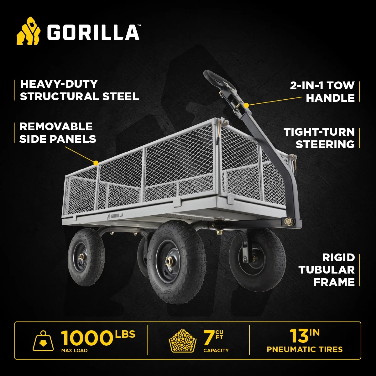 Gorilla Carts 1000 - Lb. Capacity Steel Utility Cart, Model #gor1001 - Com, 13 - Inch Pneumatic Tires
