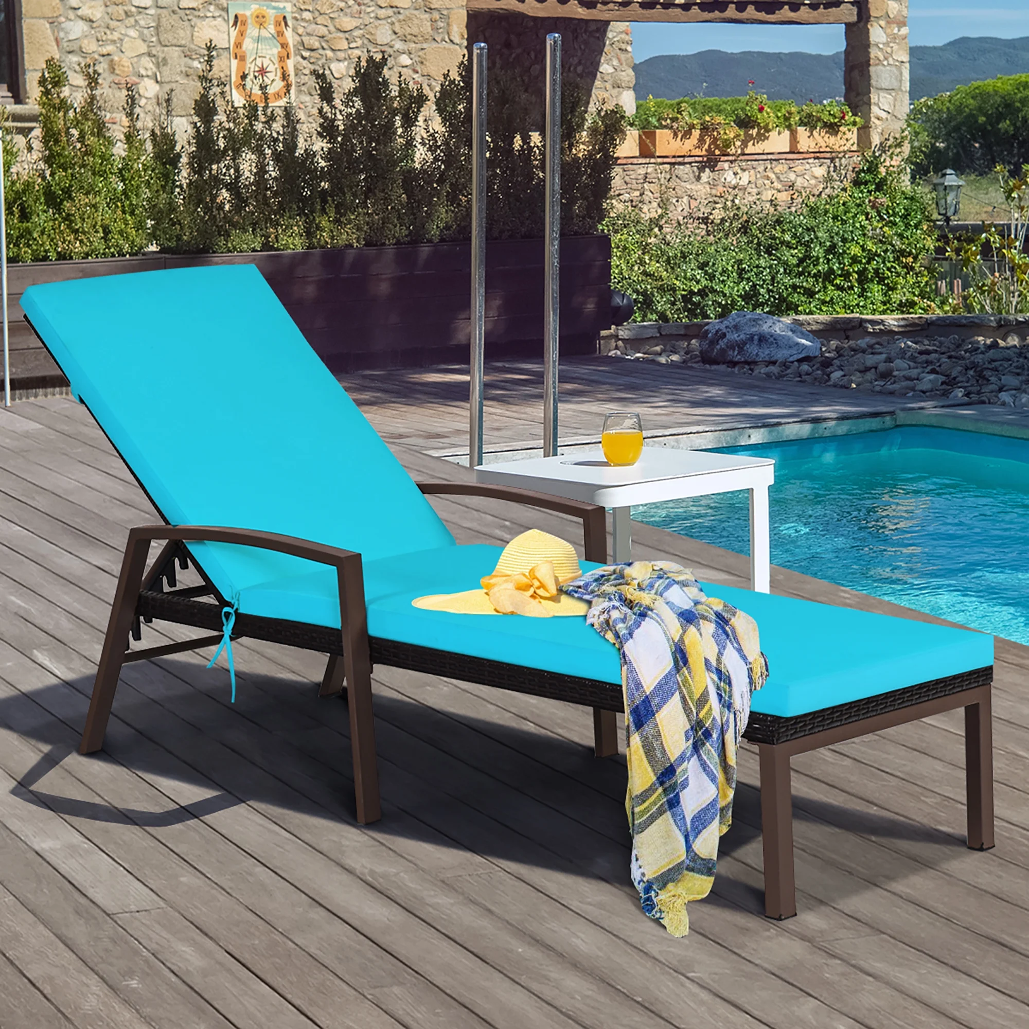 Costway 2PCS Patio Rattan Lounge Chair Chaise Recliner Back Adjustable Cushioned Red