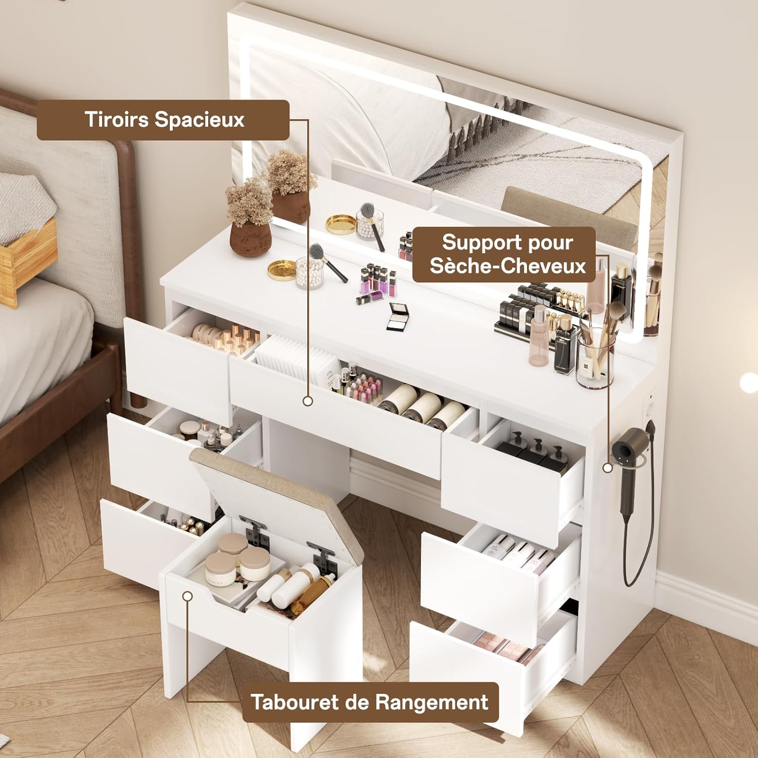 Coiffeuse miroir LED 115 x 60 cm tabouret inclus 7 tiroirs station recharge éclairage réglable blanc