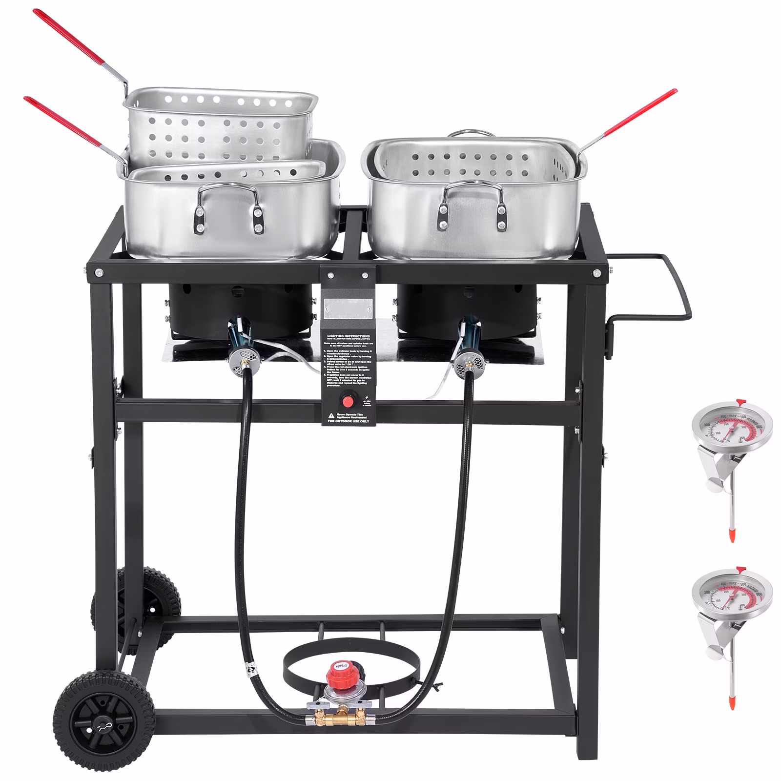 KFFKFF Outdoor Propane Deep Fryer, Dual - Tank 18QT x 2 Commercial Fryer, Portable Frying Cart with Wheels, 3 Baskets, 2 Thermometers, Stainless Steel Cooker for Fish, Wings, and Fries, 40, 000 BTU