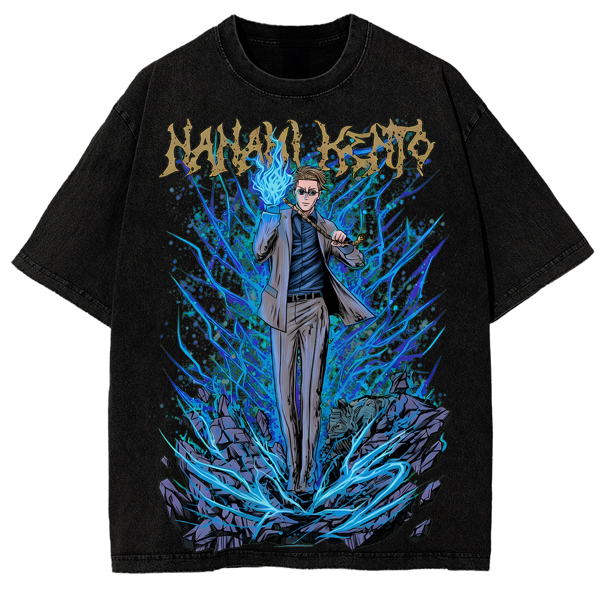 Graphic Oversized Vintage Tee  Kento Nanami Jujutsu Kaisen Anime Washed Retro Streetwear Shirt