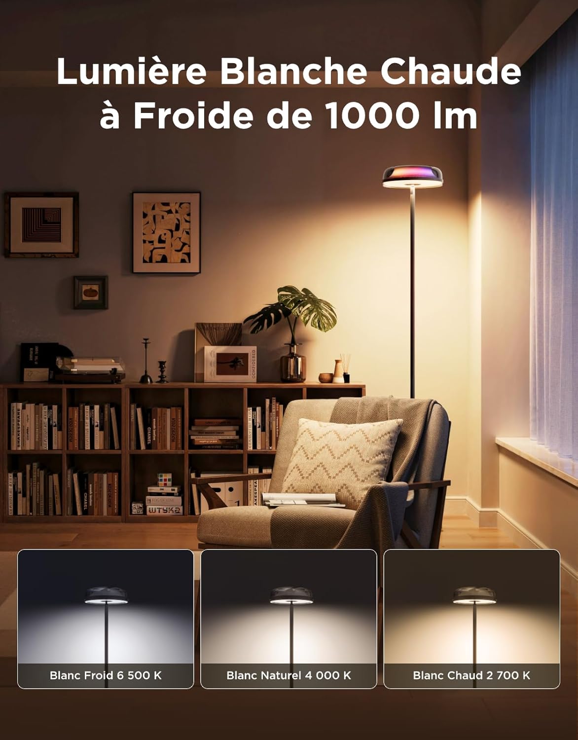 Lampadaire salon RGBIC trois zones 1000 lm 2700 6500 K compatible Matter Alexa