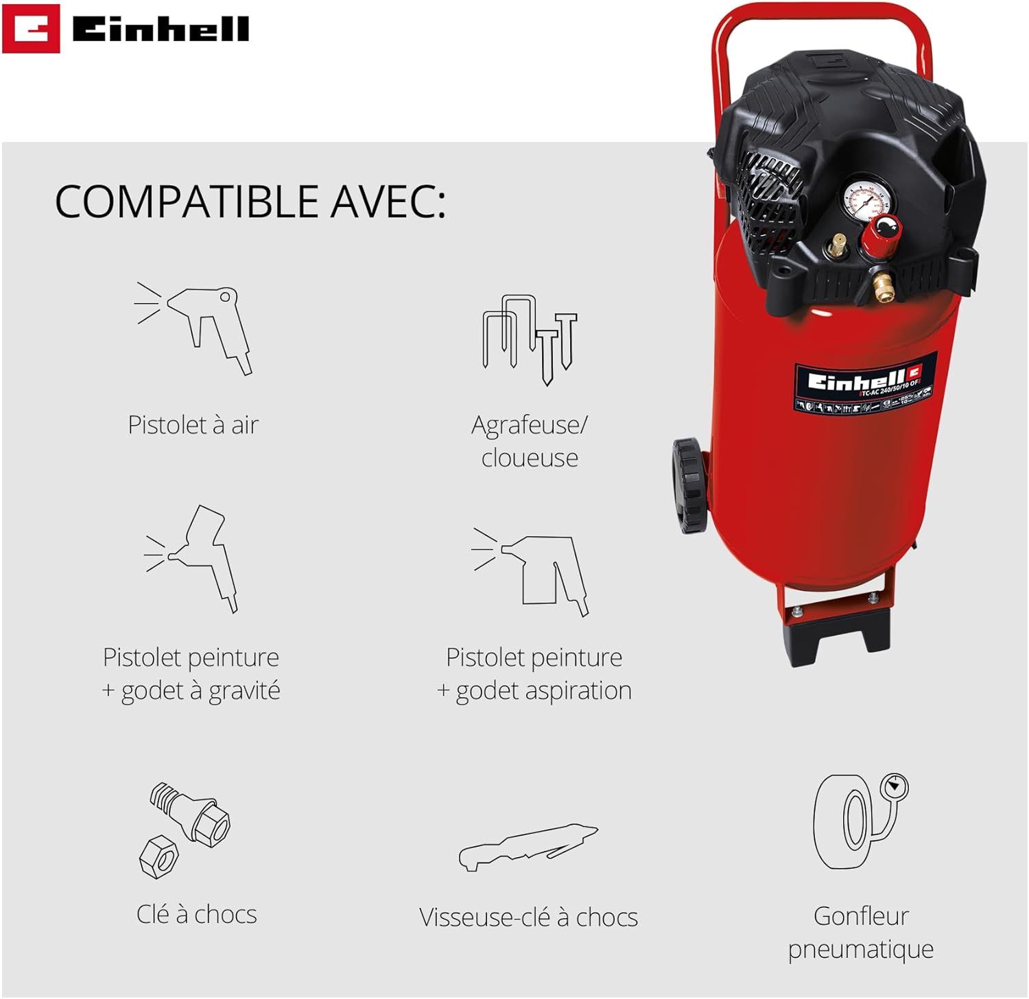 Compresseur air vertical TH-AC 240/50/10 OF 1500W cuve 50L pression 10 bar débit 240 L/min moteur sans huile
