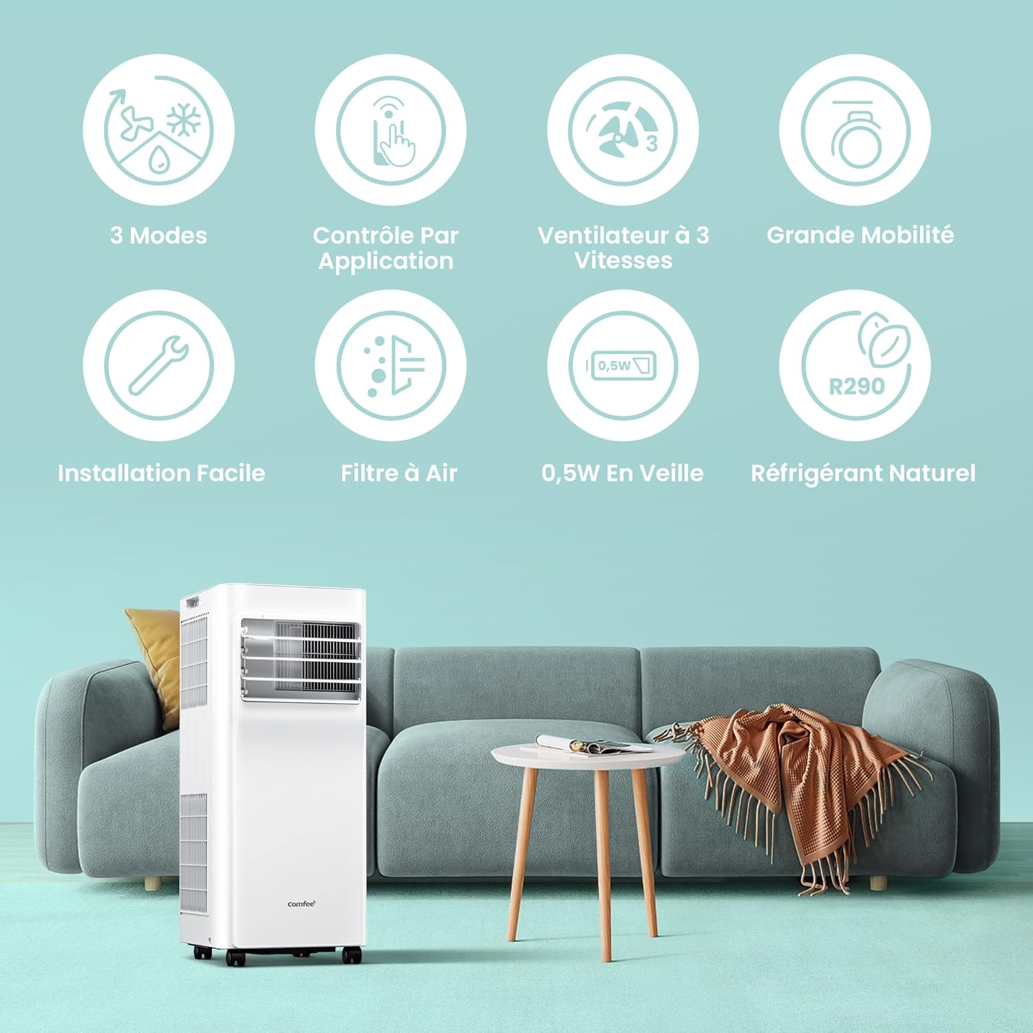 Climatiseur mobile 9000 BTU 26 kW app 3 modes 3 vitesses compact pièces 33 m² Breezy Cool 26 Alexa