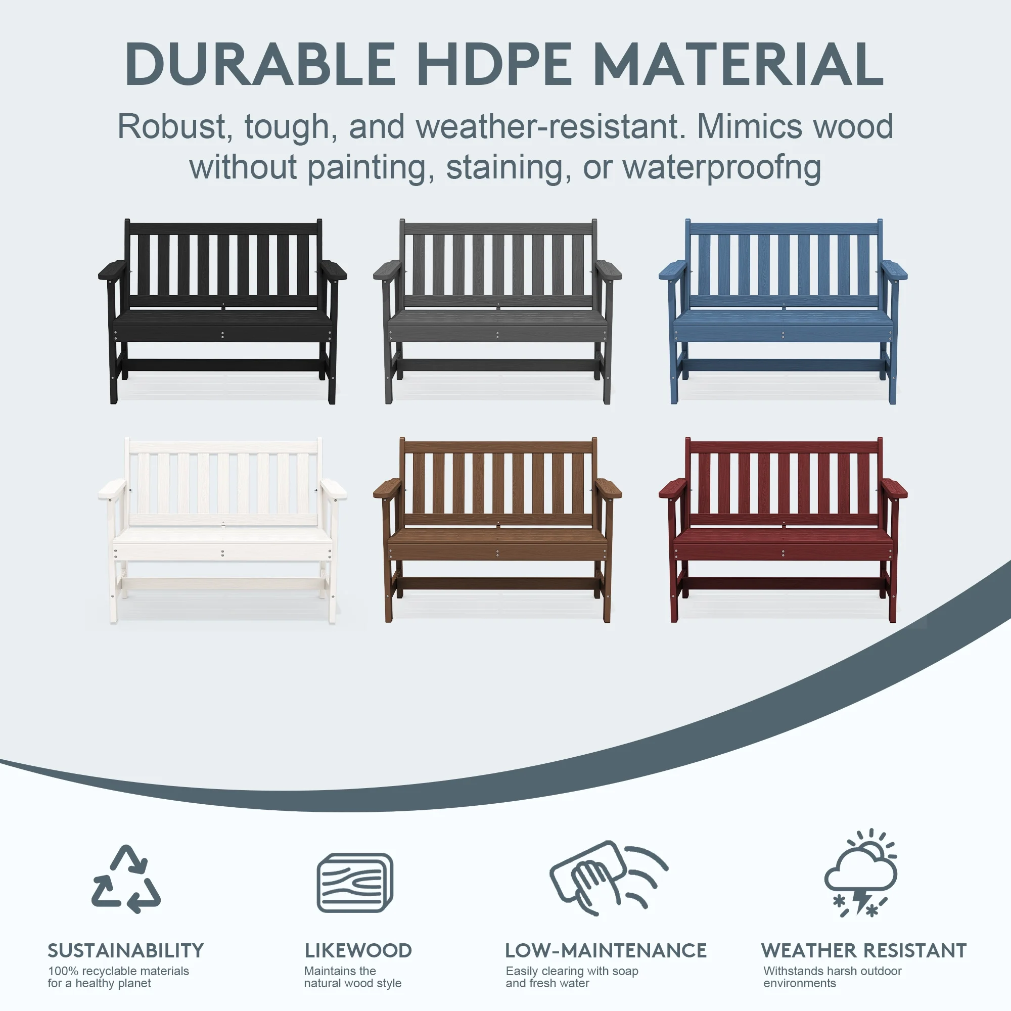 SERWALL Outdoor Bench for 2 - Person, Weather - Resistant HDPE with Aluminum Reinforcement, Supports 660 lb, Comfortable Seating for Patio, Garden, and Porch, Black