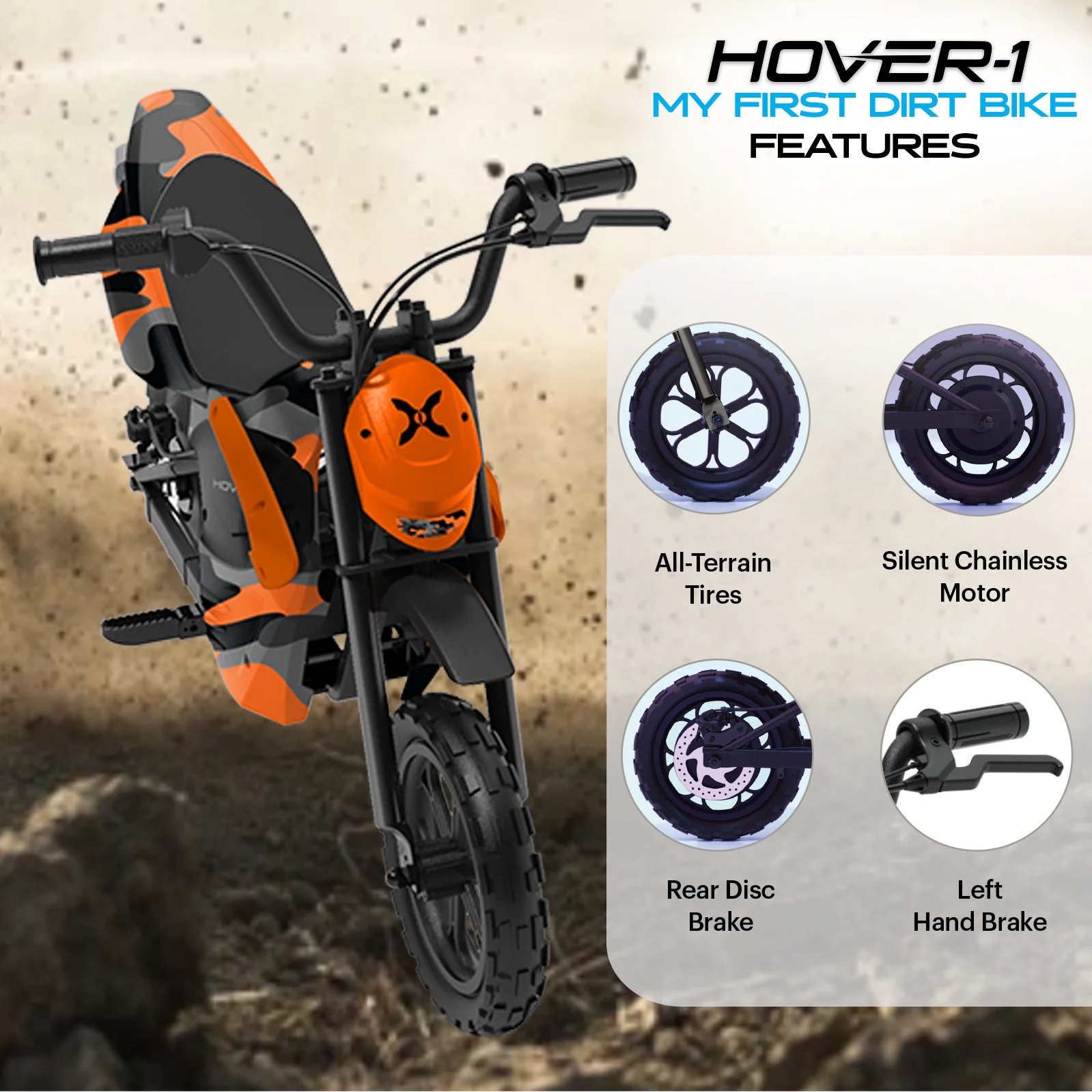 Hover - 1 My First Dirt Bike for Kids - 300W Motor, 9MPH Max Speed, 9 Mile Range, 12 Off - Road Tires, 120 lb Max Weight, Twist Grip Throttle & Rear Disc Brake Electric Dirt Bike for Kids Ages 5+ Years
