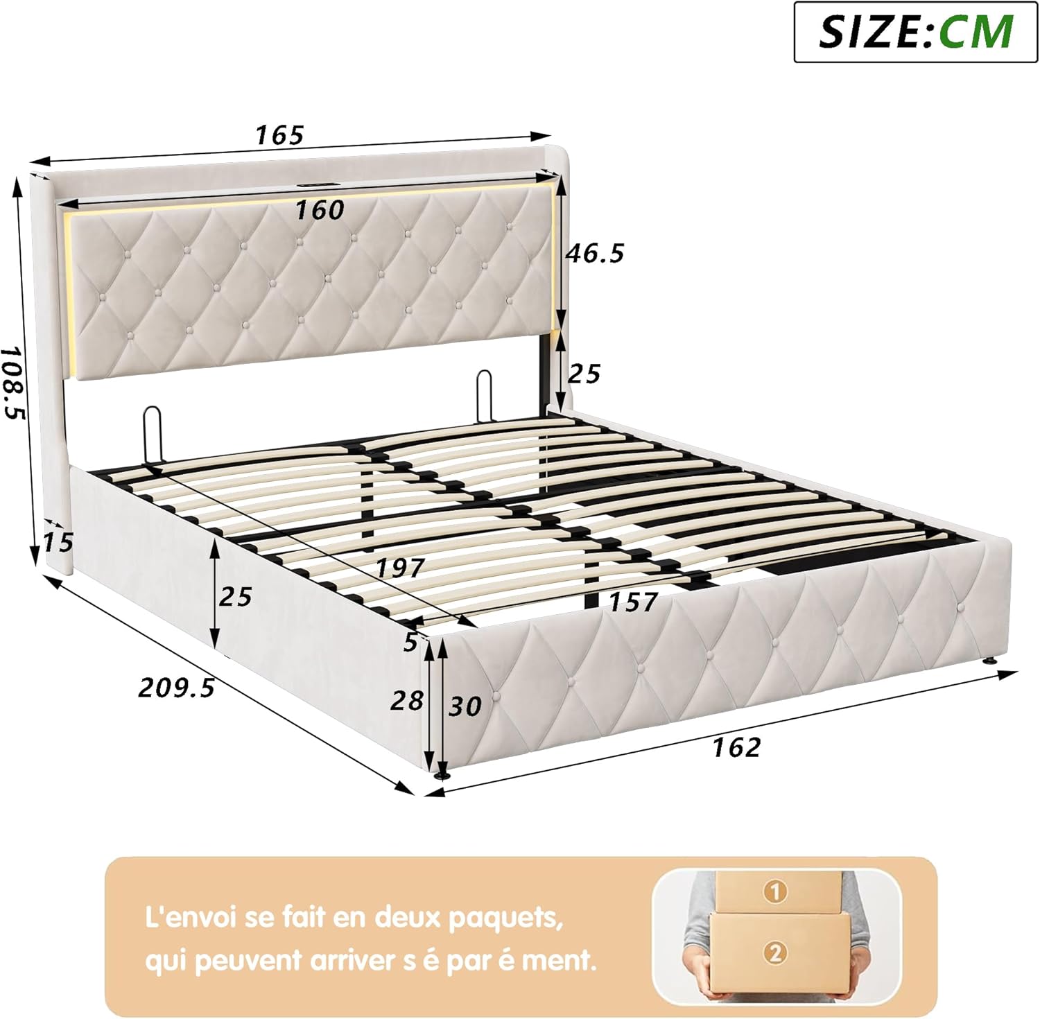 Lit coffre 160x200 cm LED USB tête de lit rangement velours