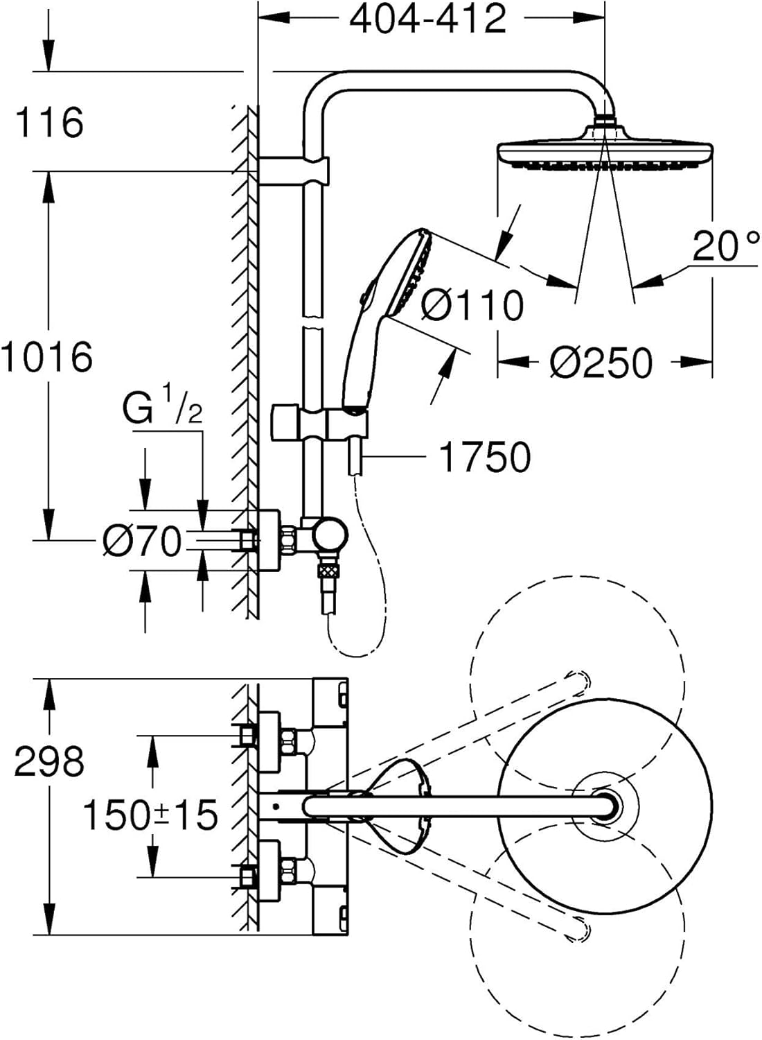 Colonne douche Vitalio Start System 250 mitigeur thermostatique douchette 2 jets flexible 175 m chromé 26677001