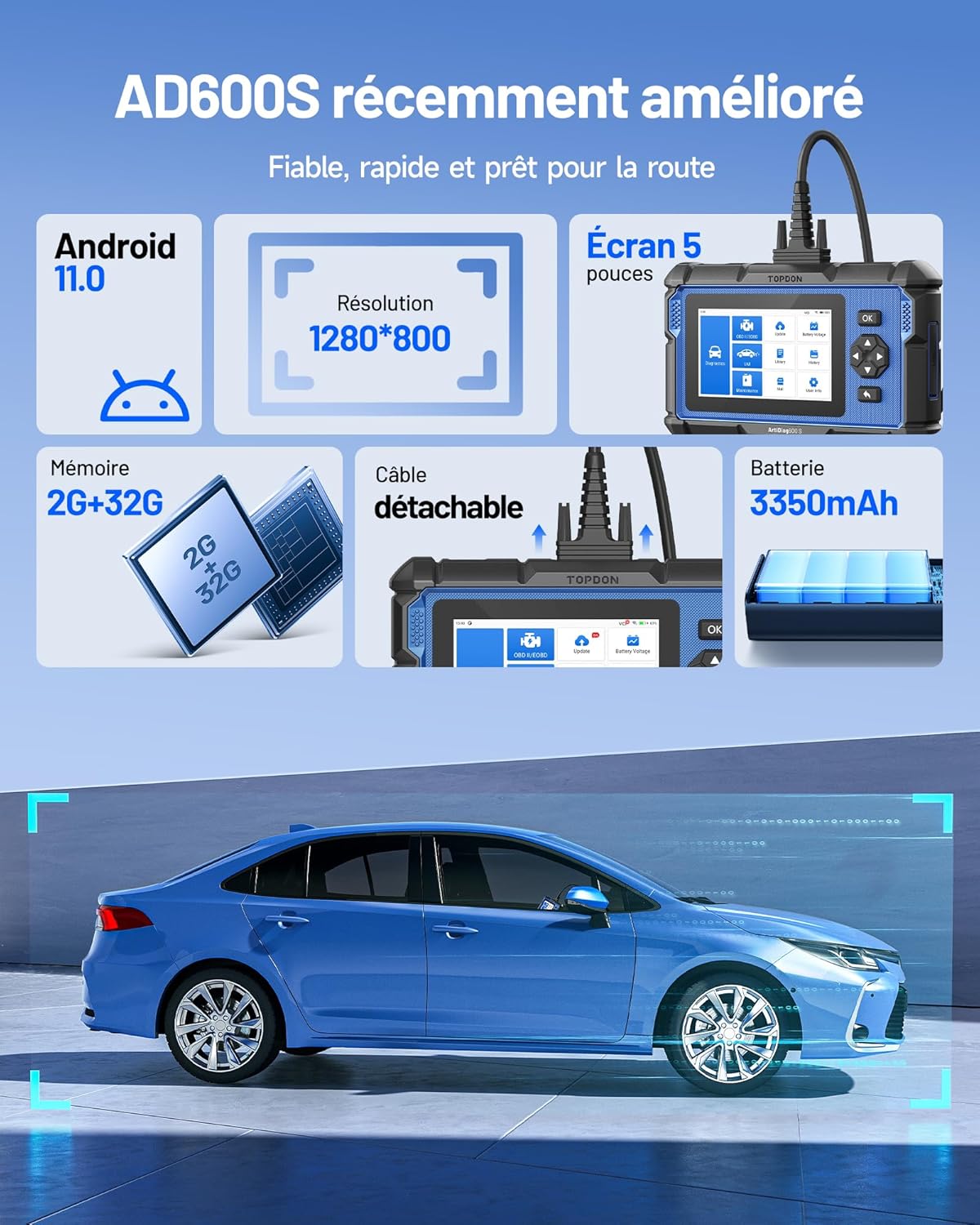Valise diagnostic auto ArtiDiag600S OBD2 4 systèmes 9 réinitialisations fonctions complètes