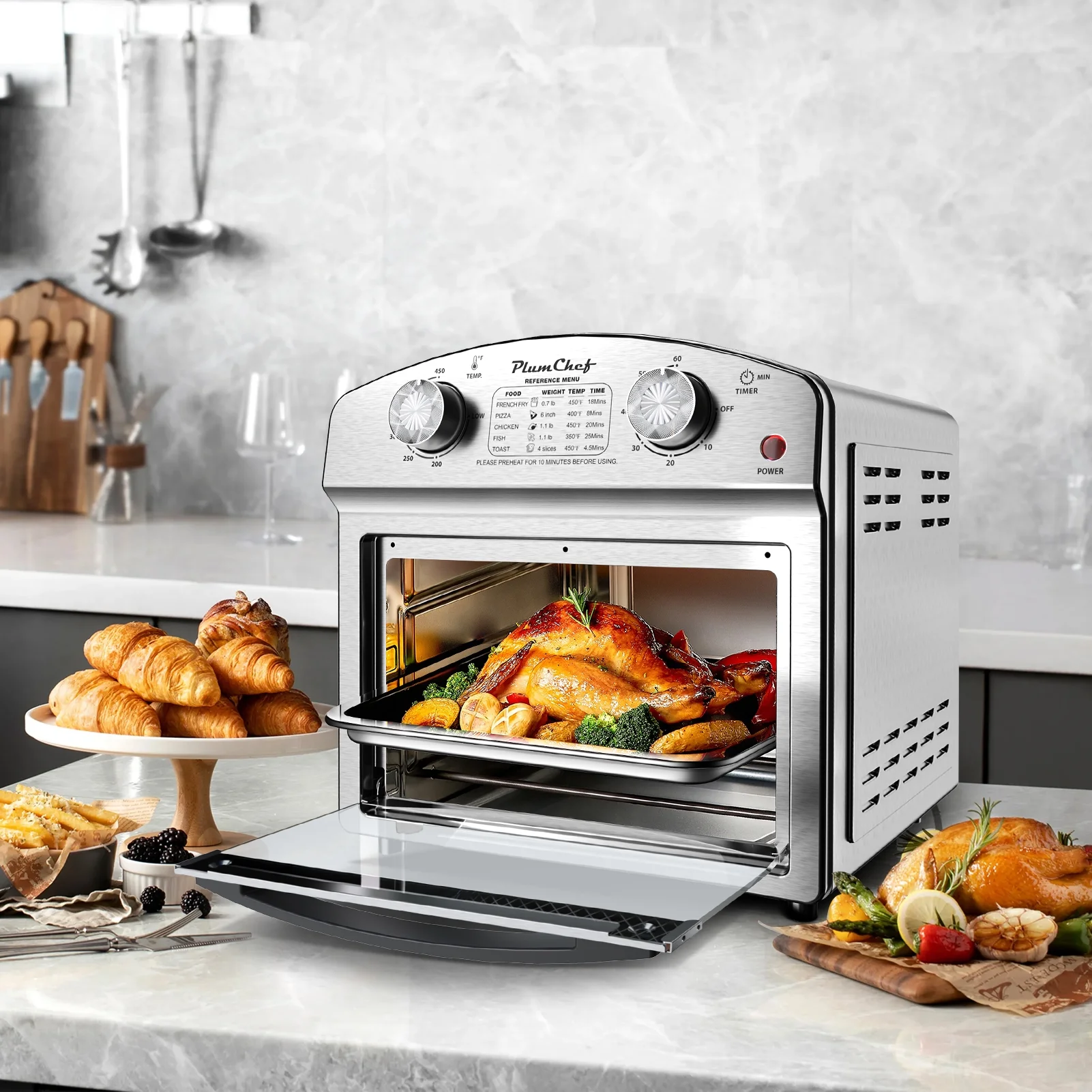 Plumchef 12 Quart 4 Slices Air Fryer Convection Toaster Oven, 1500W, 4 Cooking Modes, 7 in 1 Multifunction with Roast, Bake, Grill, Broil, Toast, Dehydrate, Defrost, Stainless Stee