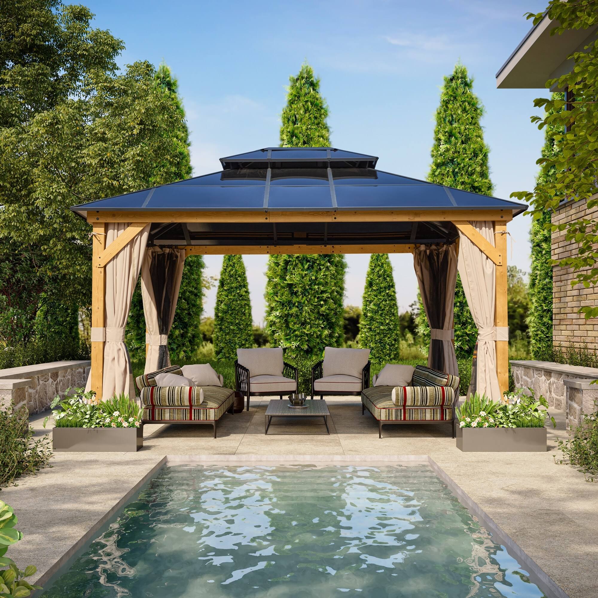 EROMMY Outdoor Double Roof Permanent Hardtop Gazebo Pergola with Prime Netting and Curtains Wood Frame 11' x 13', Brown